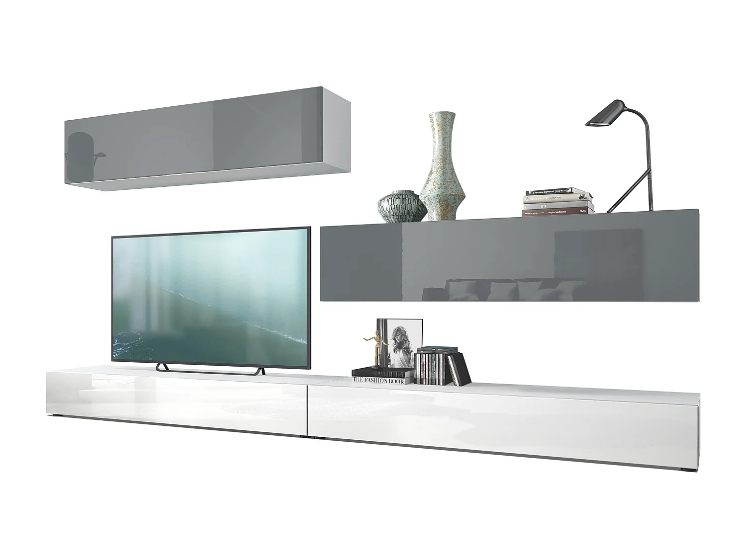 Combinaison murale Armoire Nublo, Corps en Blanc mat / Façades en Blanc haute brillance et Gris haute brillance