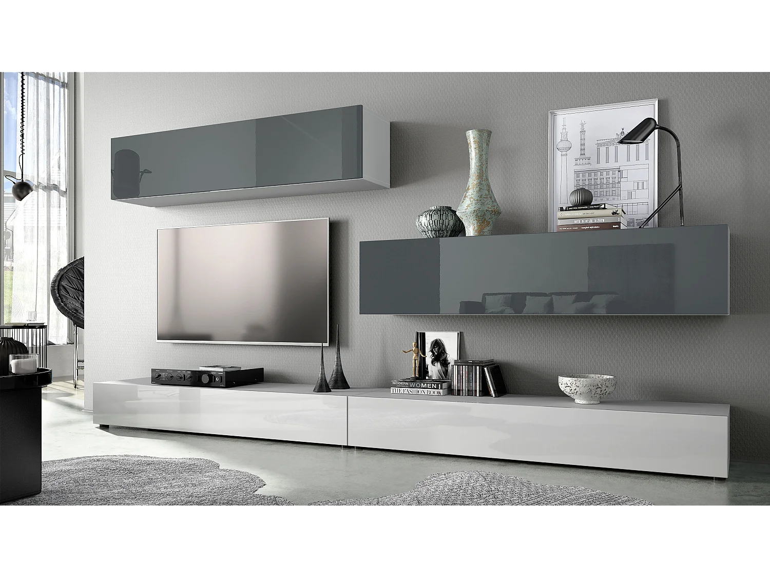 Combinaison murale Armoire Nublo, Corps en Blanc mat / Façades en Blanc haute brillance et Gris haute brillance