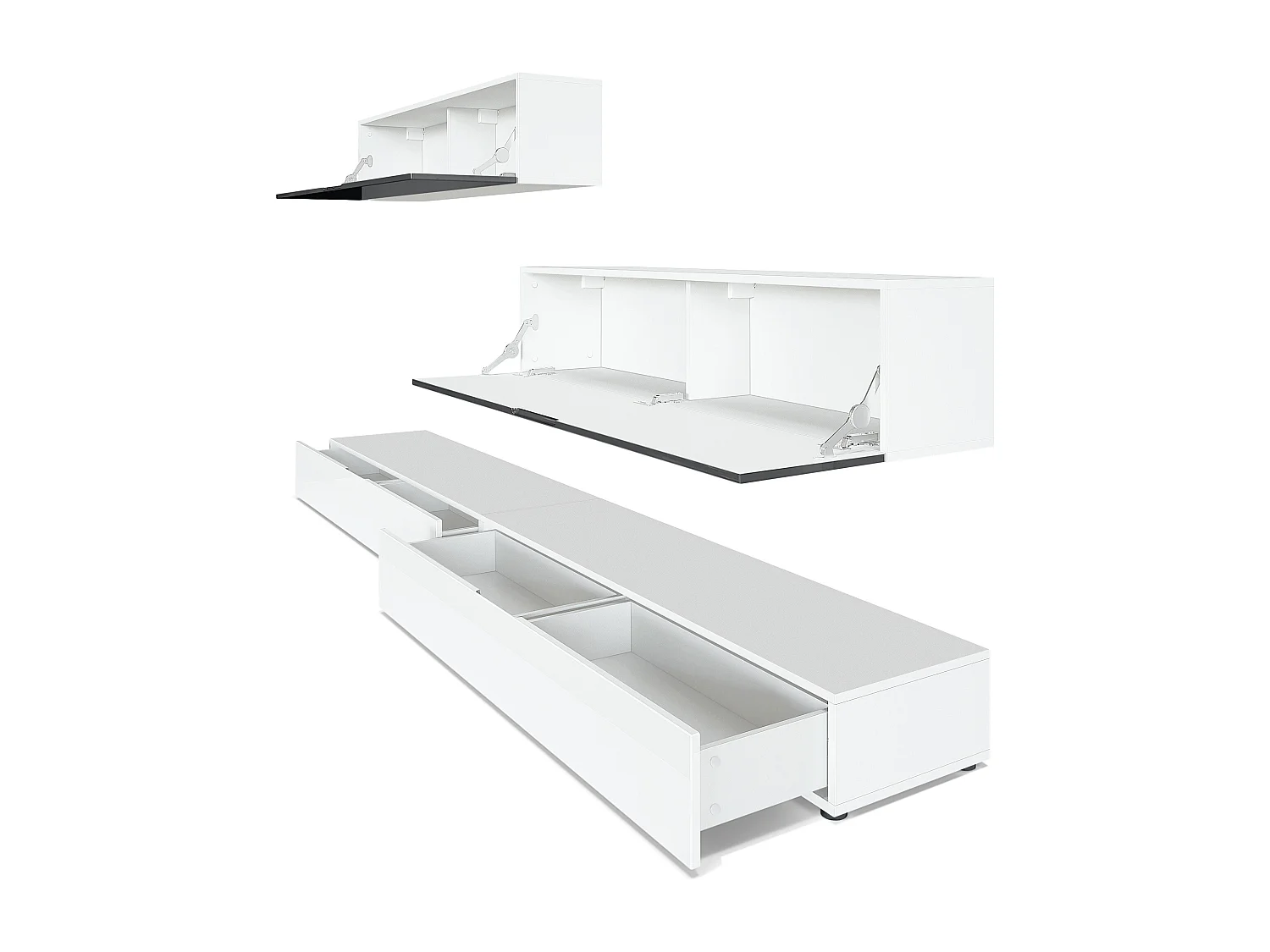 Combinaison murale Armoire Nublo, Corps en Blanc mat / Façades en Blanc haute brillance et Gris haute brillance