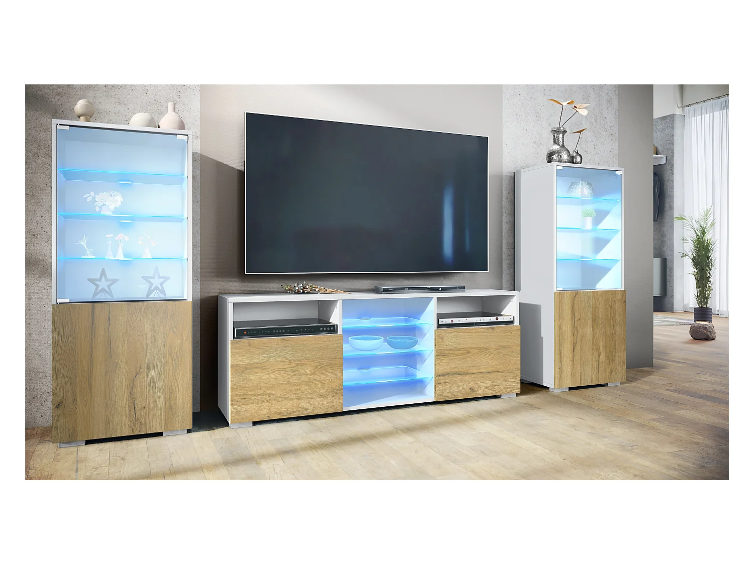 Ensemble mural Granada pour salon, comprenant 2 vitrines et 1 meuble TV, blanc mat/chêne nature éclairage LED inclus (286 x 122,5 x 35 cm)