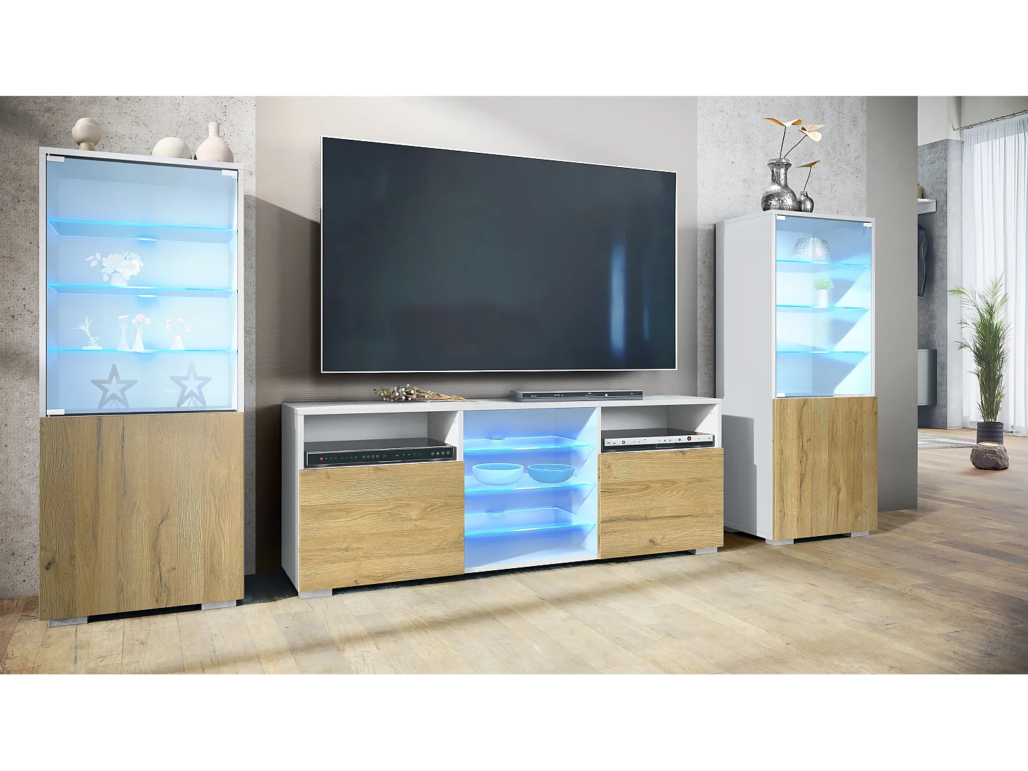 Ensemble mural Granada pour salon, comprenant 2 vitrines et 1 meuble TV, blanc mat/chêne nature éclairage LED inclus (286 x 122,5 x 35 cm)