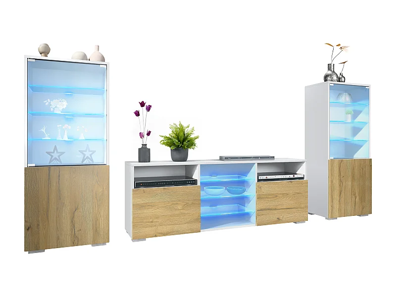 Ensemble mural Granada pour salon, comprenant 2 vitrines et 1 meuble TV, blanc mat/chêne nature éclairage LED inclus (286 x 122,5 x 35 cm)
