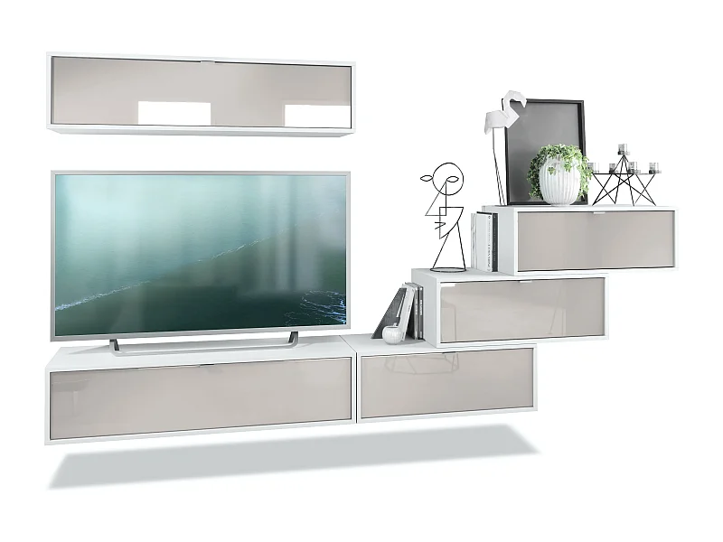 Parete attrezzata Lana V1 Centro di intrattenimento a 5 elementi sospesi con 12 ripiani, struttura in bianco opaco, frontali in grigio sabbia High Gloss