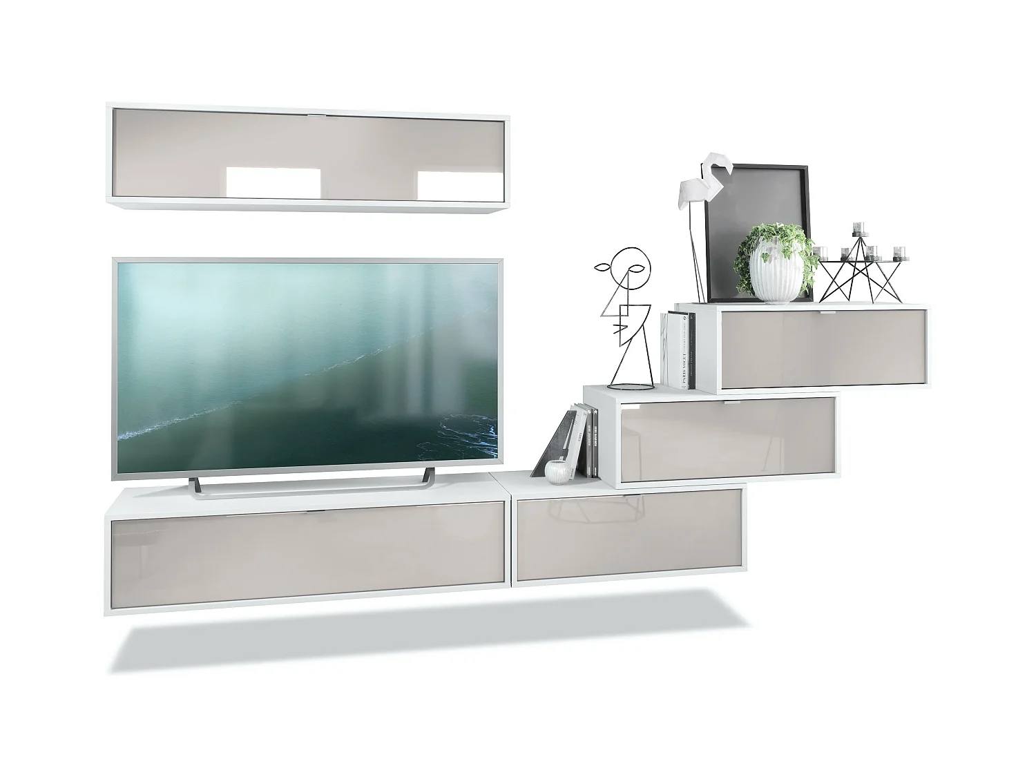 Unité murale Lana V1 composée de 5 unités murales à 12 compartiments, caisson en Blanc mat, façades en Gris sable haute brillance | Grand choix de couleurs