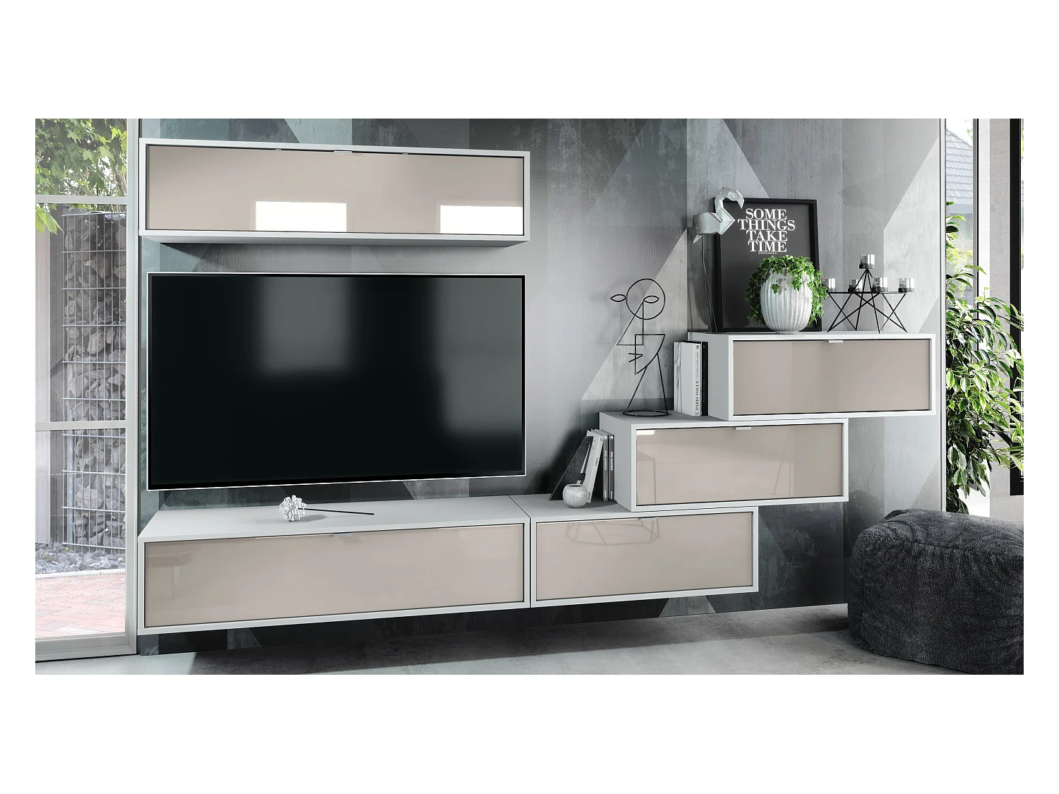 Unité murale Lana V1 composée de 5 unités murales à 12 compartiments, caisson en Blanc mat, façades en Gris sable haute brillance | Grand choix de couleurs