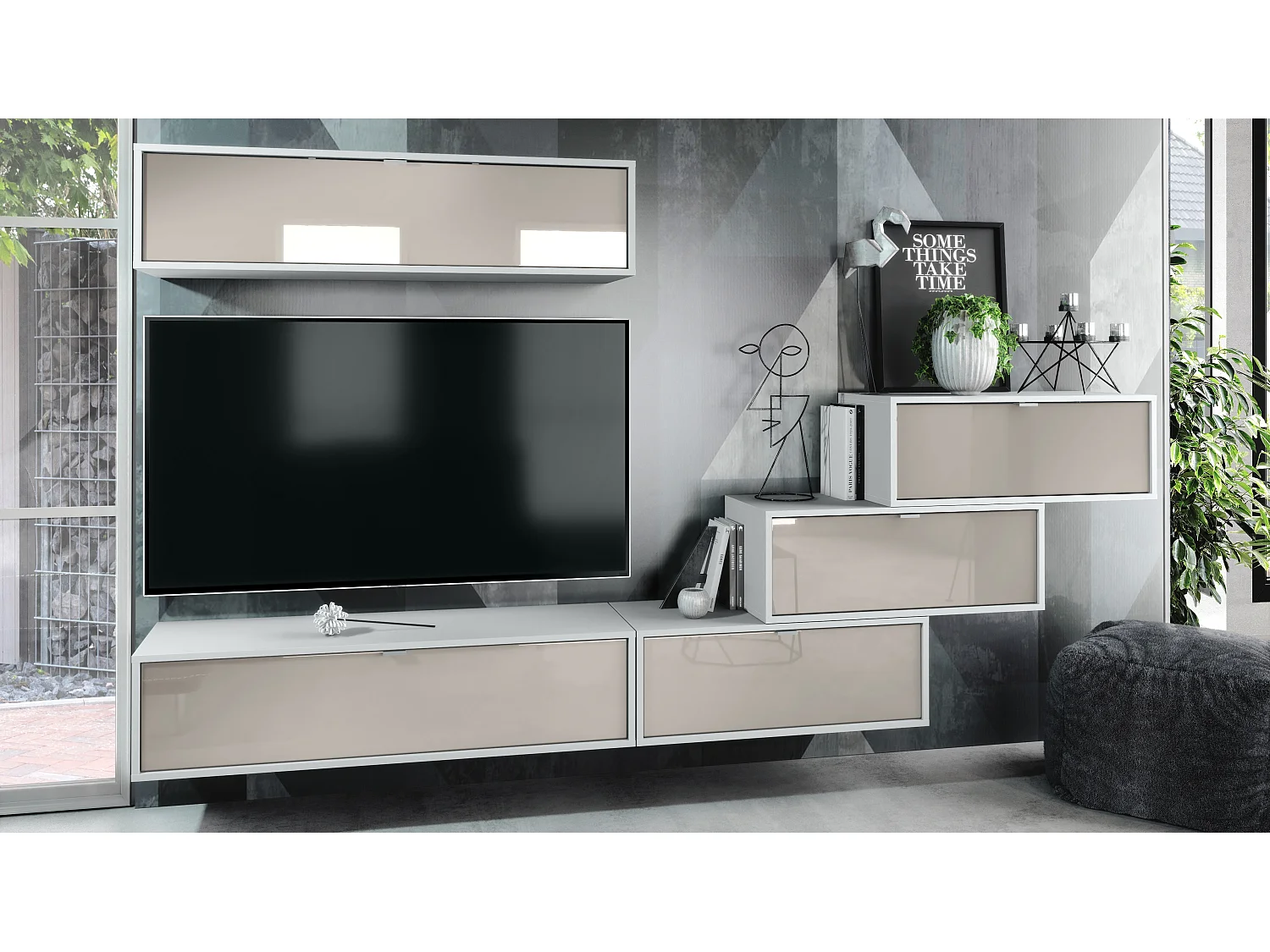 Unité murale Lana V1 composée de 5 unités murales à 12 compartiments, caisson en Blanc mat, façades en Gris sable haute brillance | Grand choix de couleurs