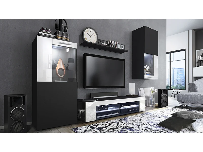 Ensemble de salon Movie comprenant 1 meuble bas TV, 2 vitrines et 1 étagère, Noir mat/Blanc haute brillance, (Dimensions totales : 300 x 190 x 39 cm)