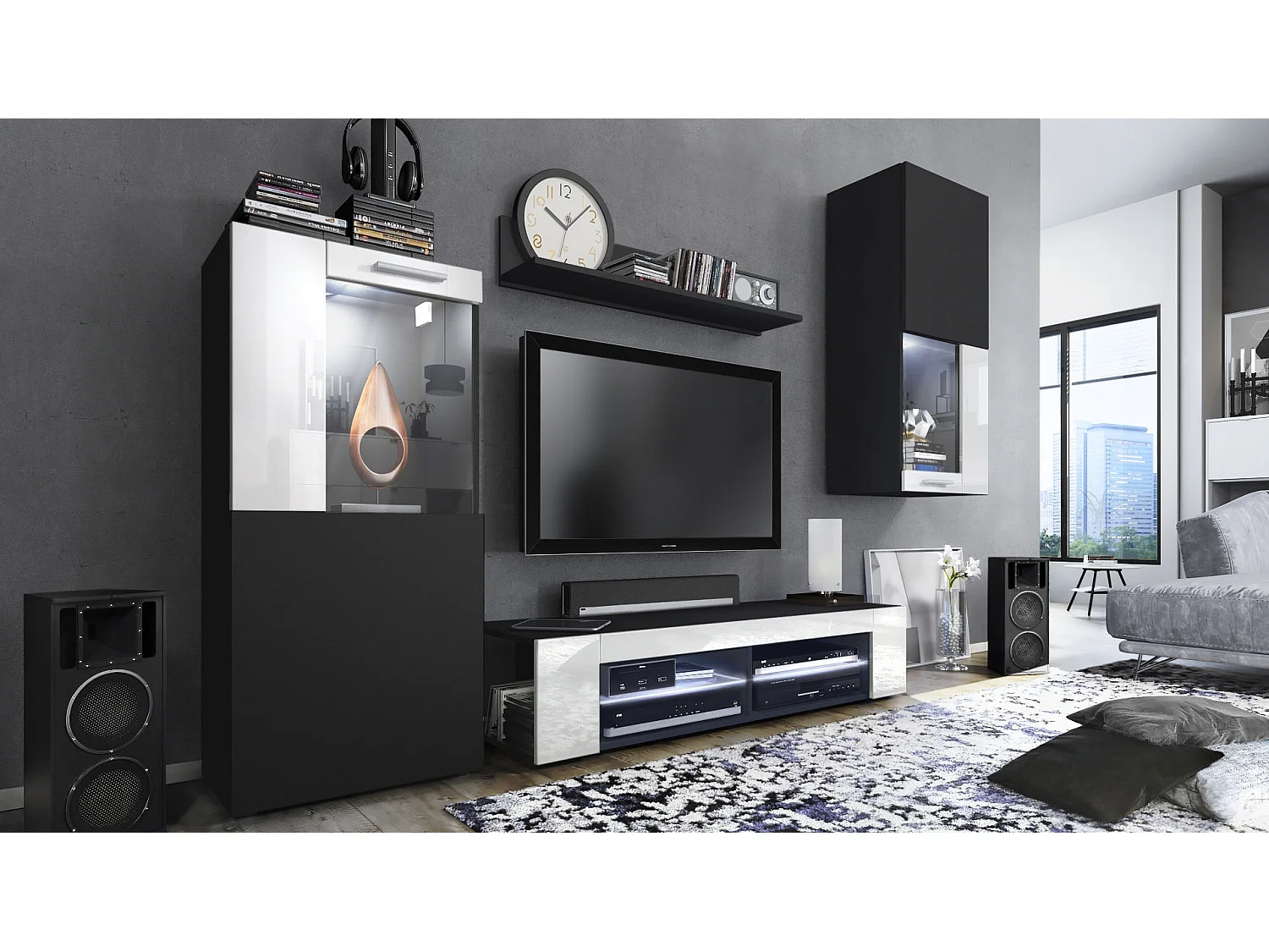 Ensemble de salon Movie comprenant 1 meuble bas TV, 2 vitrines et 1 étagère, Noir mat/Blanc haute brillance, (Dimensions totales : 300 x 190 x 39 cm)