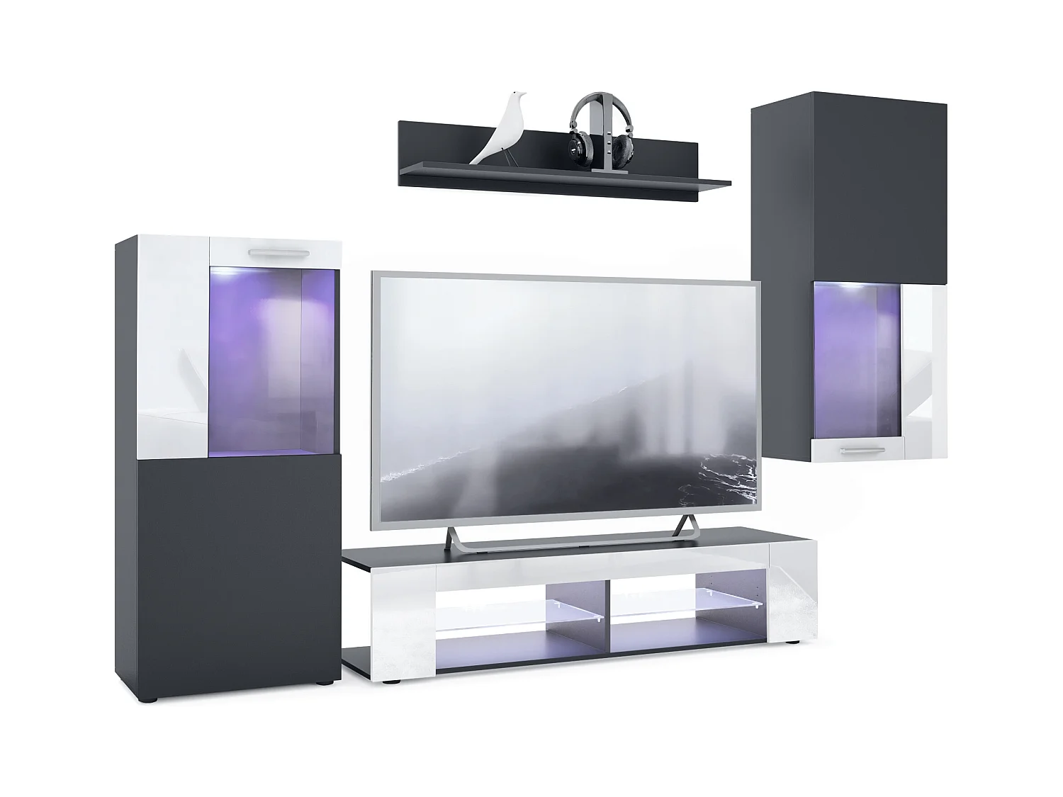 Ensemble de salon Movie comprenant 1 meuble bas TV, 2 vitrines et 1 étagère, Noir mat/Blanc haute brillance, (Dimensions totales : 300 x 190 x 39 cm)