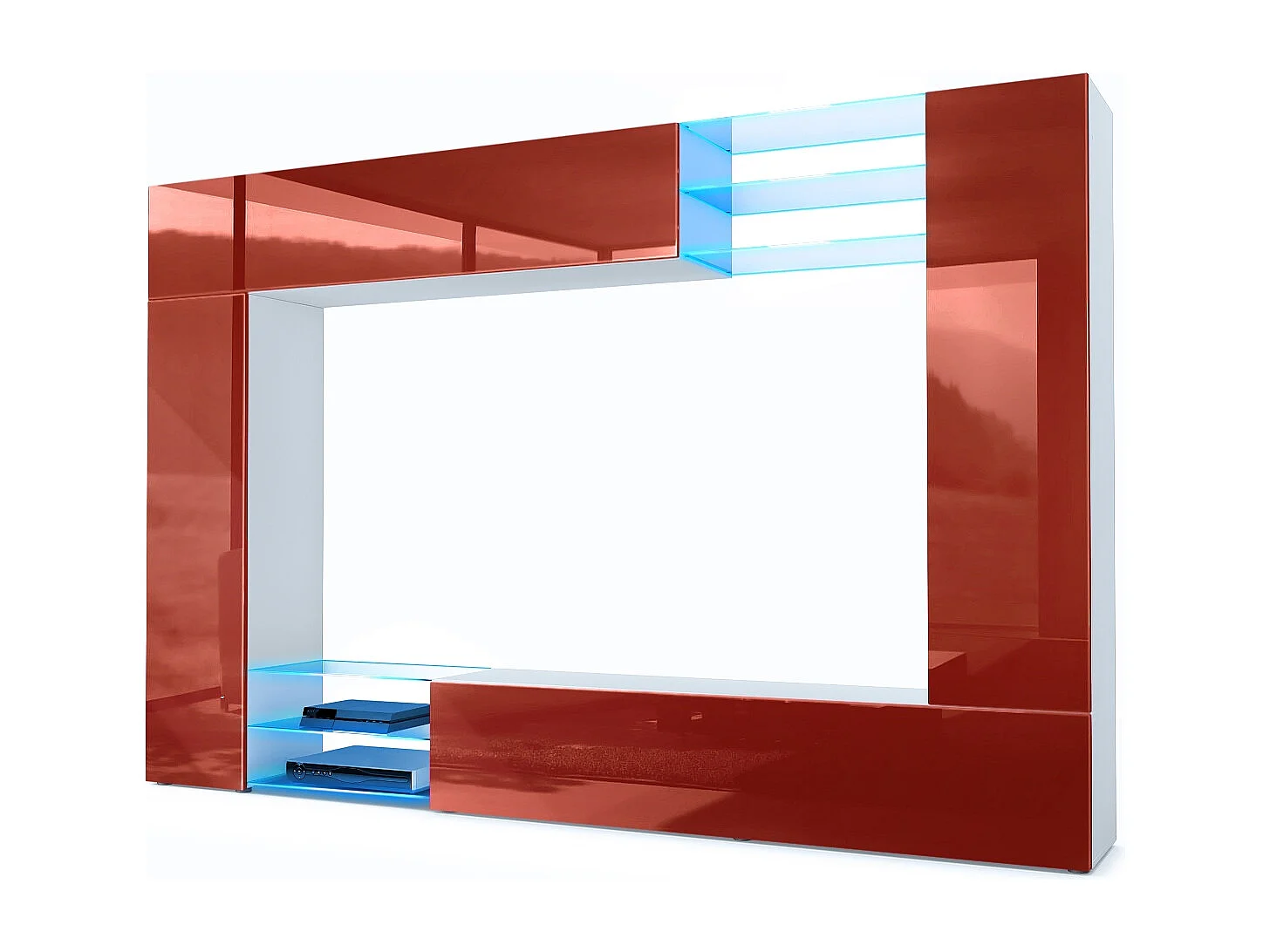 Meuble TV mural Mirage, Ensemble étagère TV et 2 portes, 2 clapets et 6 étagères en verre, Blanc mat/Bordeaux brillant, LED incluse (262 x 183 x 39 cm)