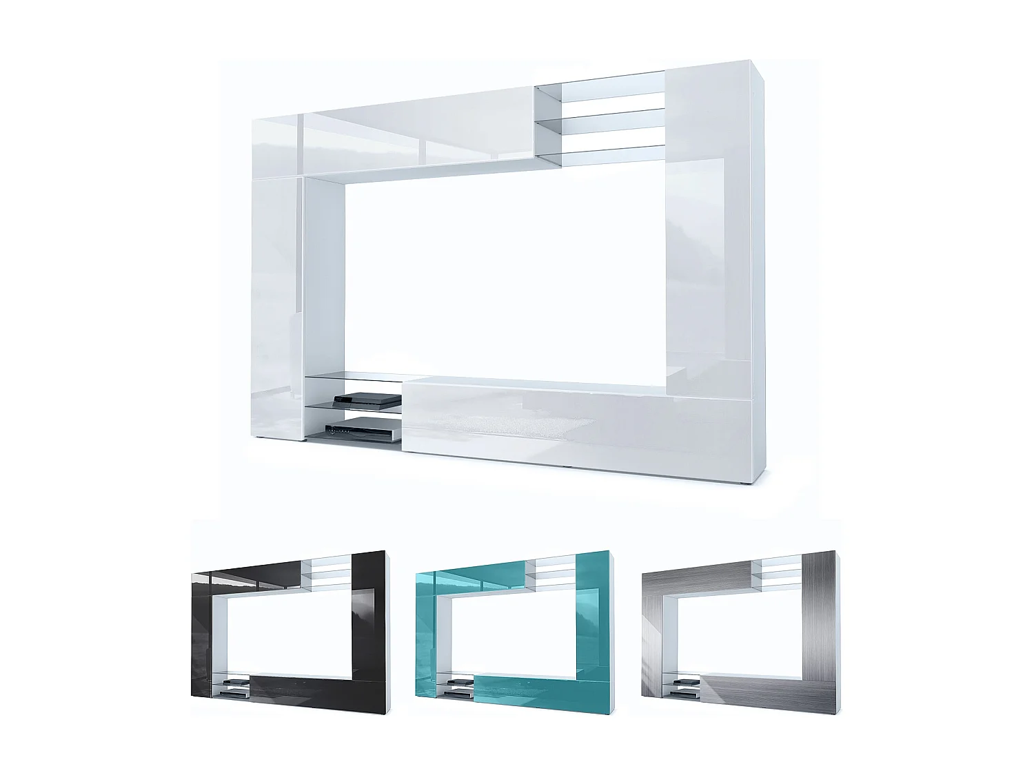Meuble TV mural Mirage, Ensemble étagère TV et 2 portes, 2 clapets et 6 étagères en verre, Blanc mat/Bordeaux brillant, LED incluse (262 x 183 x 39 cm)