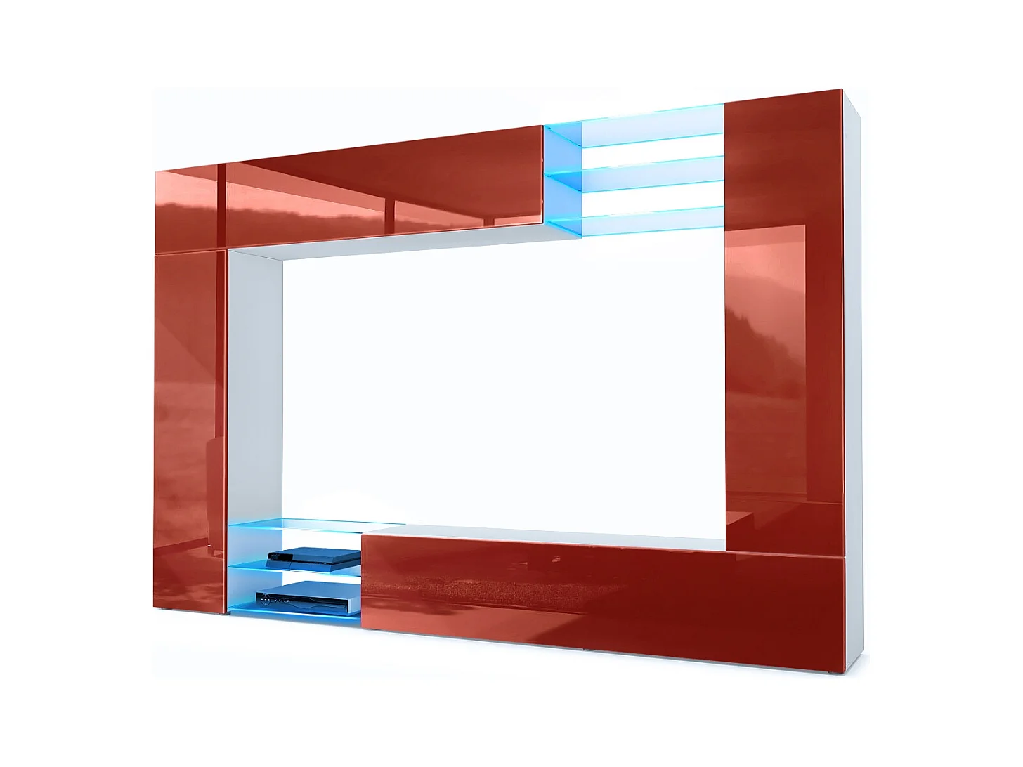 Meuble TV mural Mirage, Ensemble étagère TV et 2 portes, 2 clapets et 6 étagères en verre, Blanc mat/Bordeaux brillant, LED incluse (262 x 183 x 39 cm)