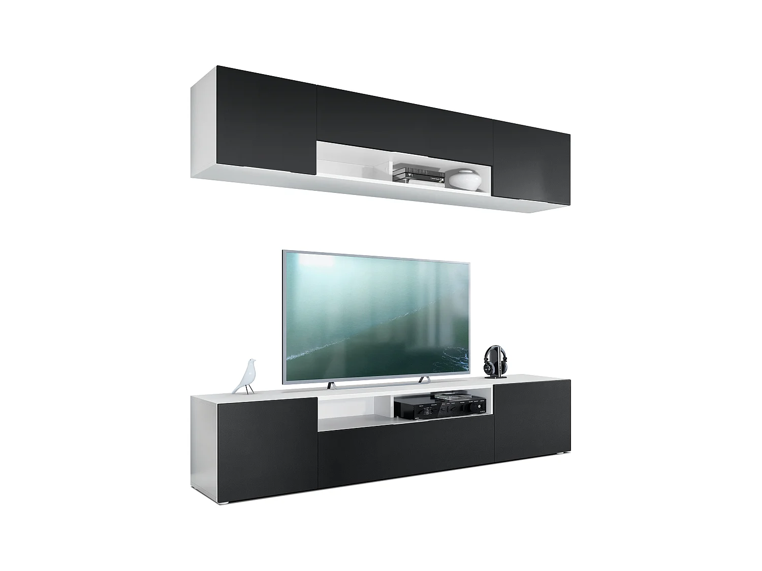 Meuble-paroi Mogan, blanc mat/noir mat - Meuble mural moderne composé de 2 étagères TV (181 x 147 x 35 cm)