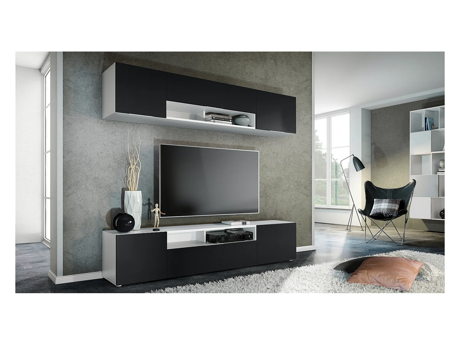 Meuble-paroi Mogan, blanc mat/noir mat - Meuble mural moderne composé de 2 étagères TV (181 x 147 x 35 cm)