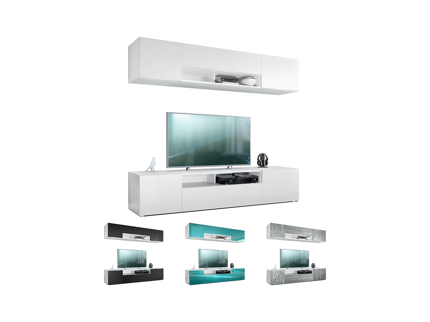 Meuble-paroi Mogan, blanc mat/noir mat - Meuble mural moderne composé de 2 étagères TV (181 x 147 x 35 cm)