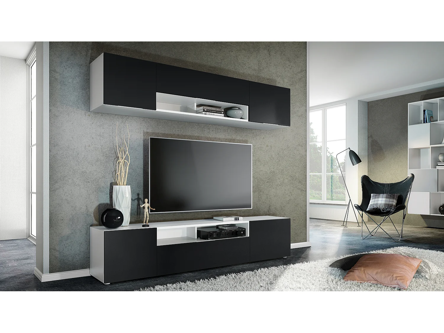 Meuble-paroi Mogan, blanc mat/noir mat - Meuble mural moderne composé de 2 étagères TV (181 x 147 x 35 cm)