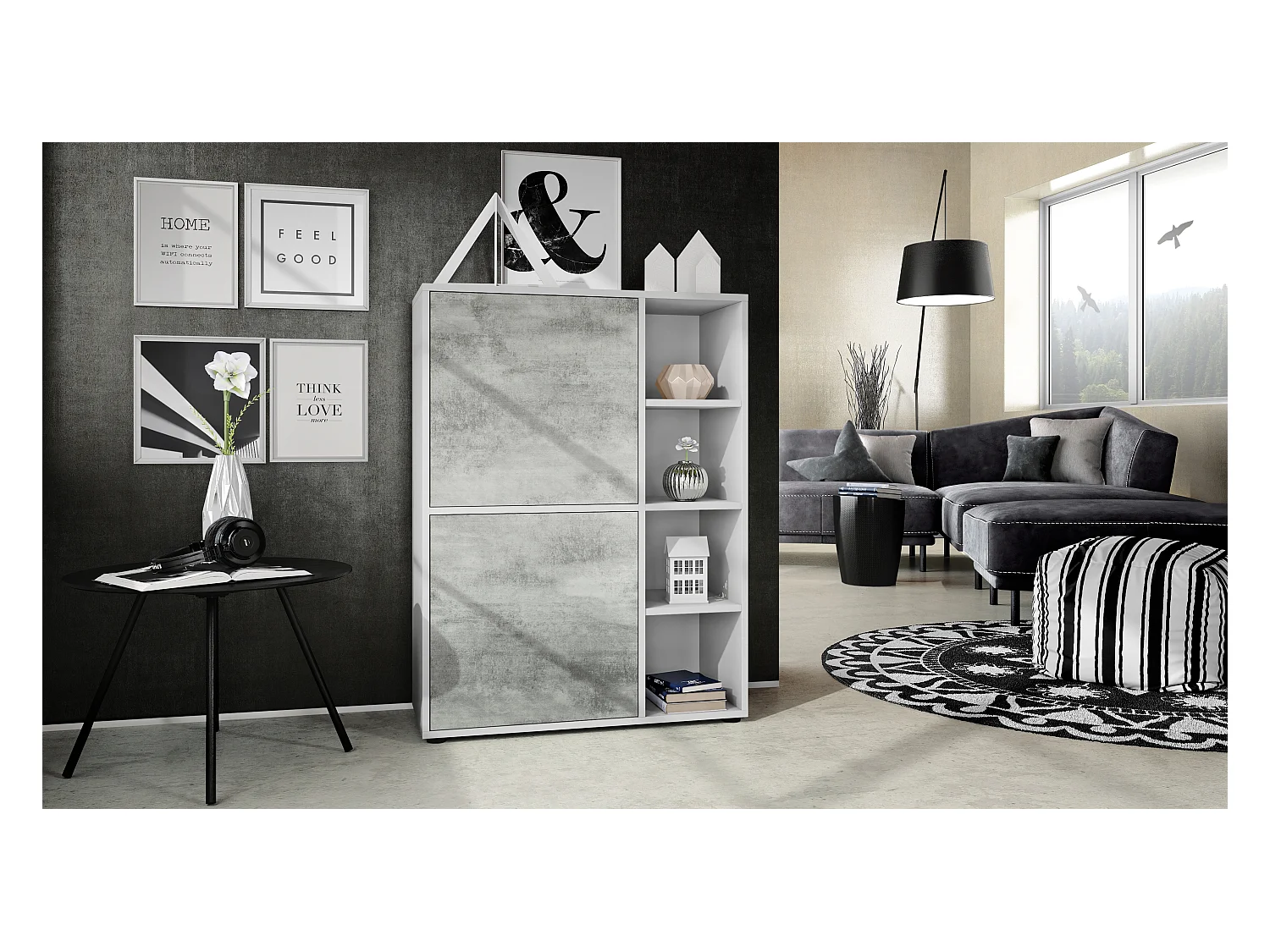 Ensemble pour salon Miami, composé de deux buffets hauts avec un total de 6 portes et 8 compartiments, corps en blanc mat, façades en aspect béton oxyde.