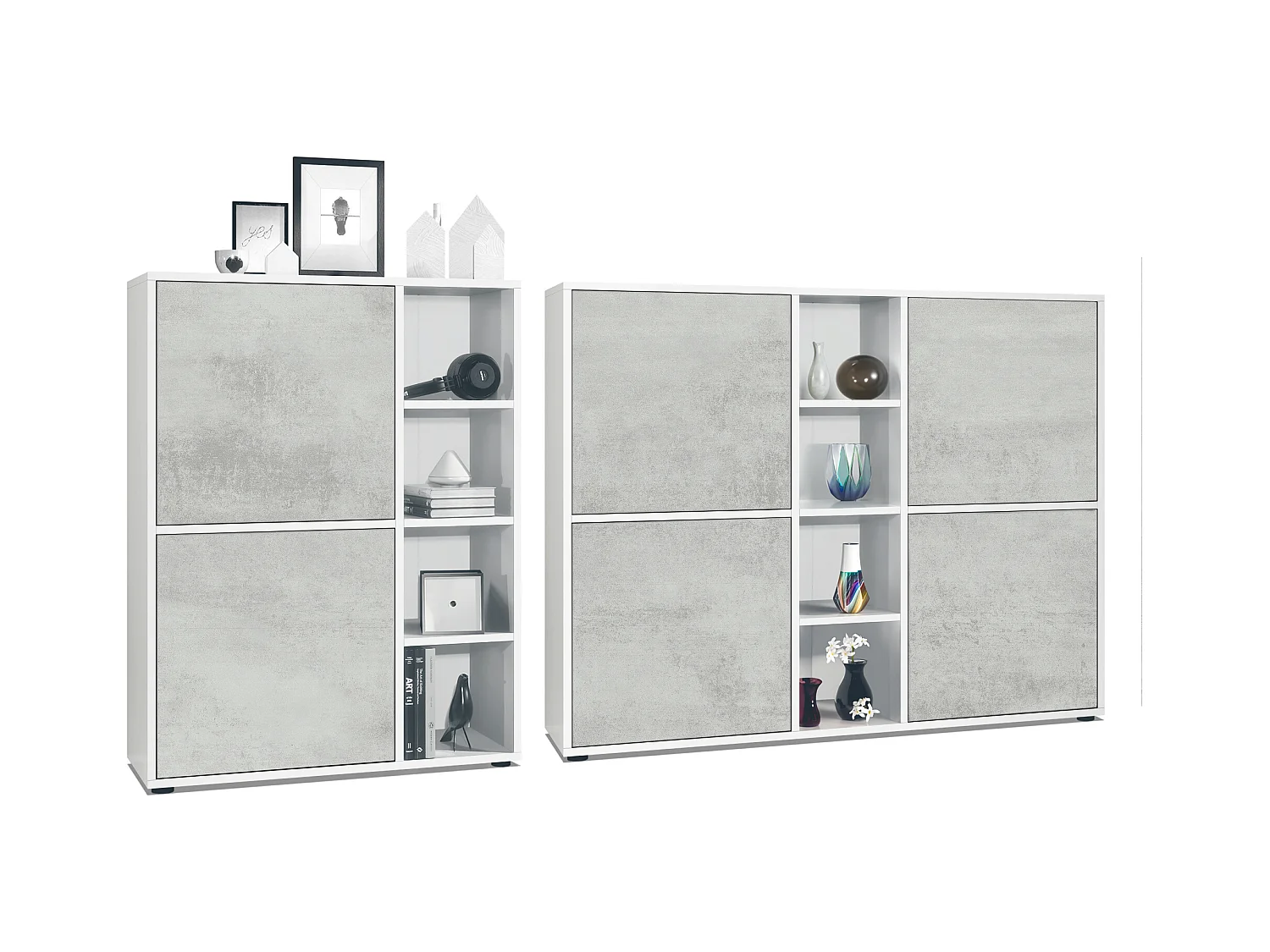 Ensemble pour salon Miami, composé de deux buffets hauts avec un total de 6 portes et 8 compartiments, corps en blanc mat, façades en aspect béton oxyde.