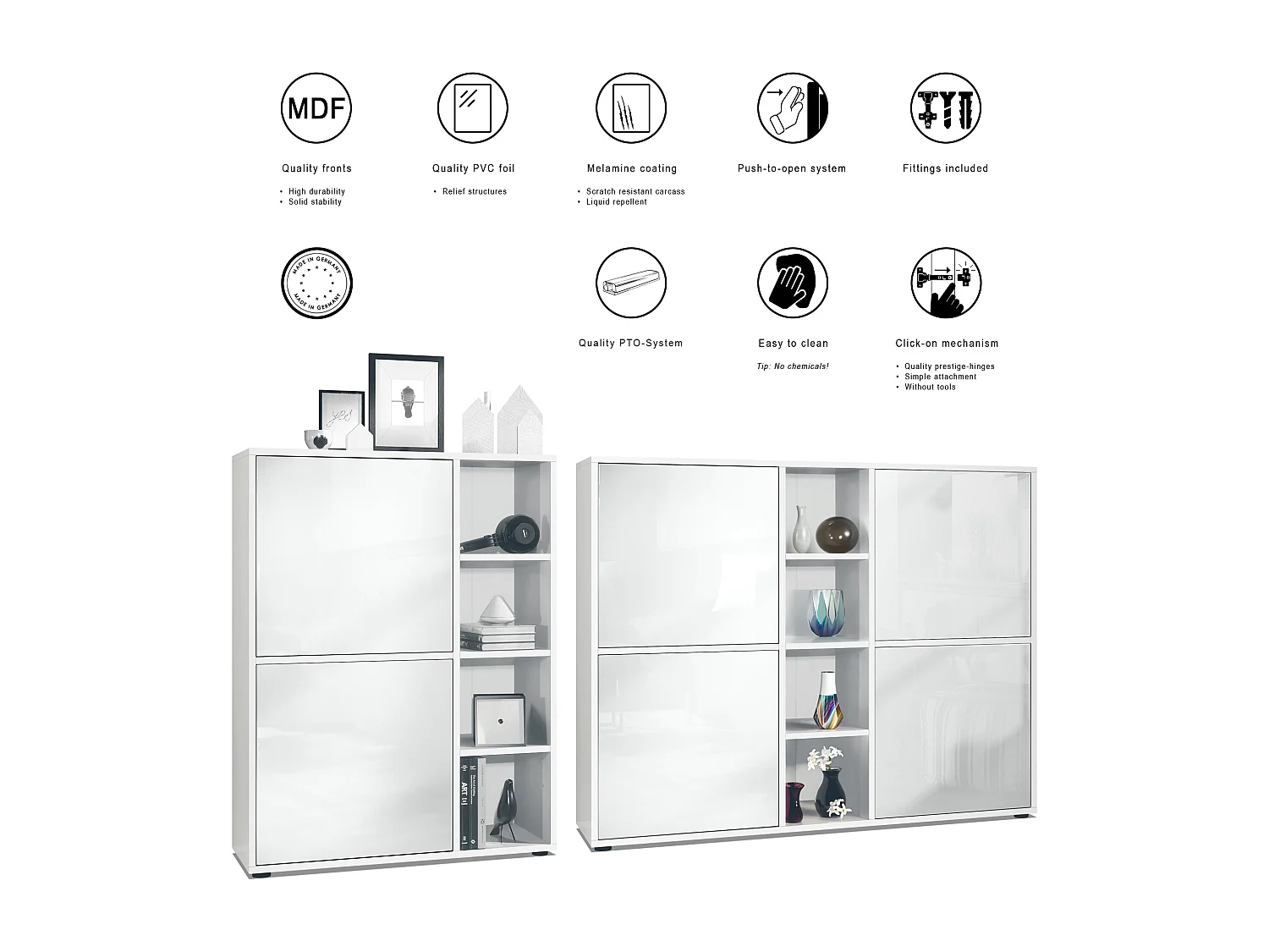 Ensemble pour salon Miami, composé de deux buffets hauts avec un total de 6 portes et 8 compartiments, corps en blanc mat, façades en aspect béton oxyde.