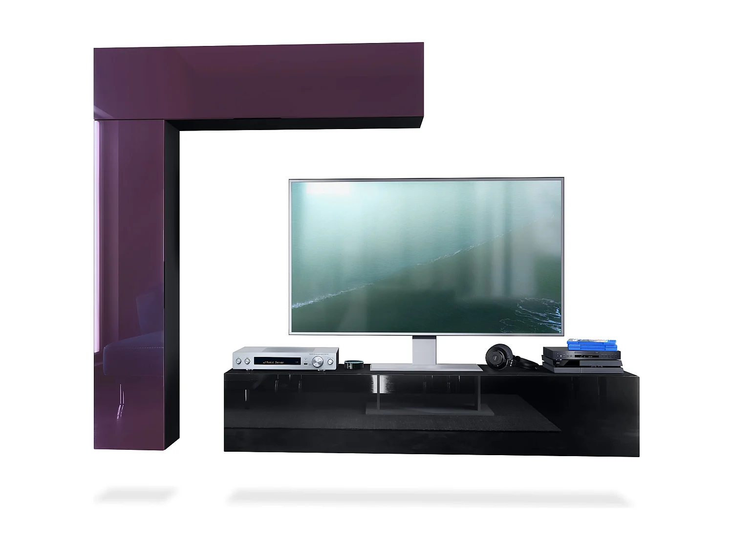 Meuble-paroi Taurito, noir mat/mûre haute brillance - Meuble-paroi moderne pour votre salon (320 x 182 x 39 cm)