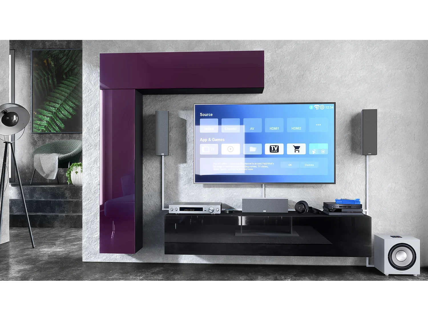 Meuble-paroi Taurito, noir mat/mûre haute brillance - Meuble-paroi moderne pour votre salon (320 x 182 x 39 cm)