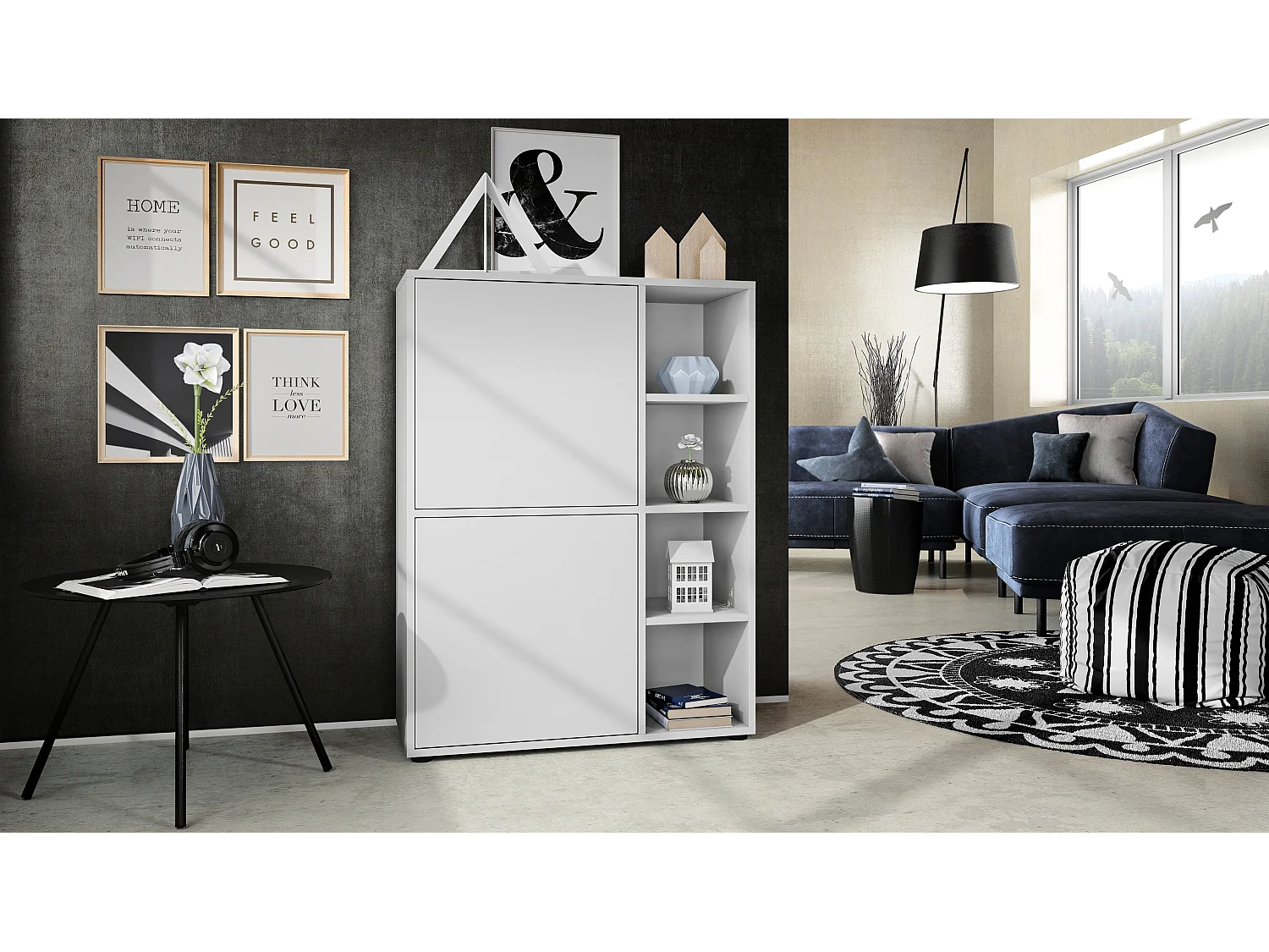 Ensemble pour salon Miami, composé de deux buffets hauts avec un total de 6 portes et 8 compartiments, corps en blanc mat, façades en blanc mat.