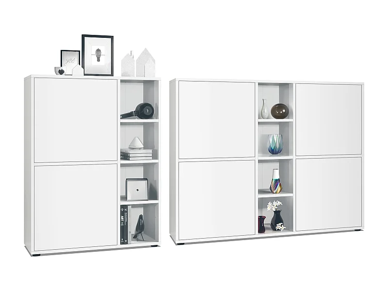 Ensemble pour salon Miami, composé de deux buffets hauts avec un total de 6 portes et 8 compartiments, corps en blanc mat, façades en blanc mat.