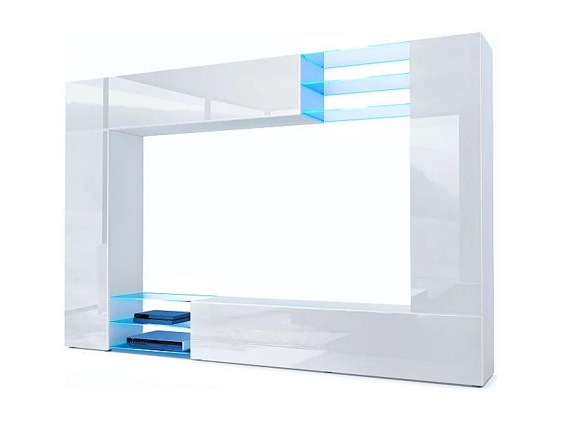 Meuble TV mural Mirage, Ensemble étagère TV et 2 portes, 2 clapets et 6 étagères en verre, Blanc mat/Blanc brillant, éclairage LED inclus (262 x 183 x 39 cm)