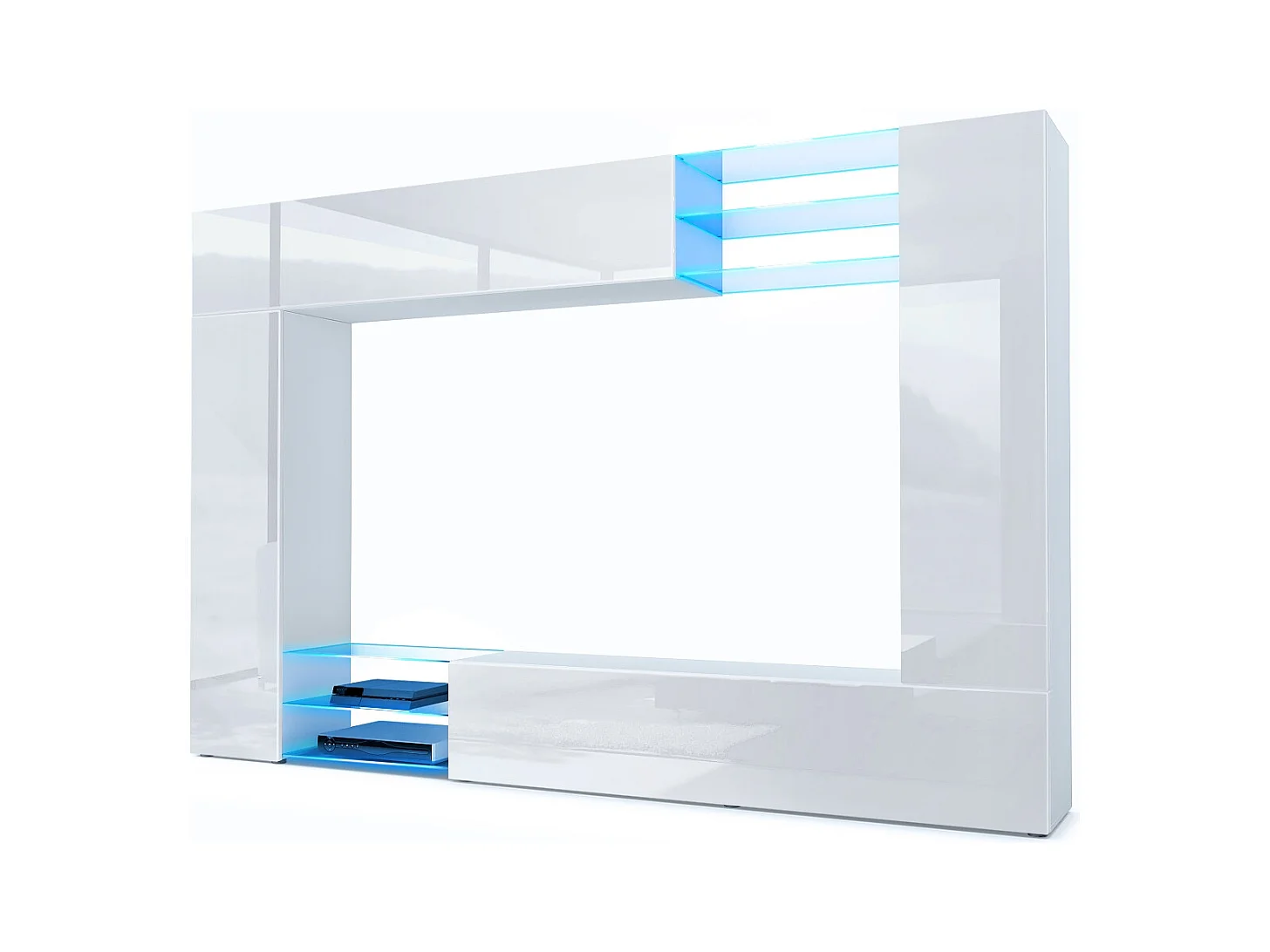 Meuble TV mural Mirage, Ensemble étagère TV et 2 portes, 2 clapets et 6 étagères en verre, Blanc mat/Blanc brillant, éclairage LED inclus (262 x 183 x 39 cm)
