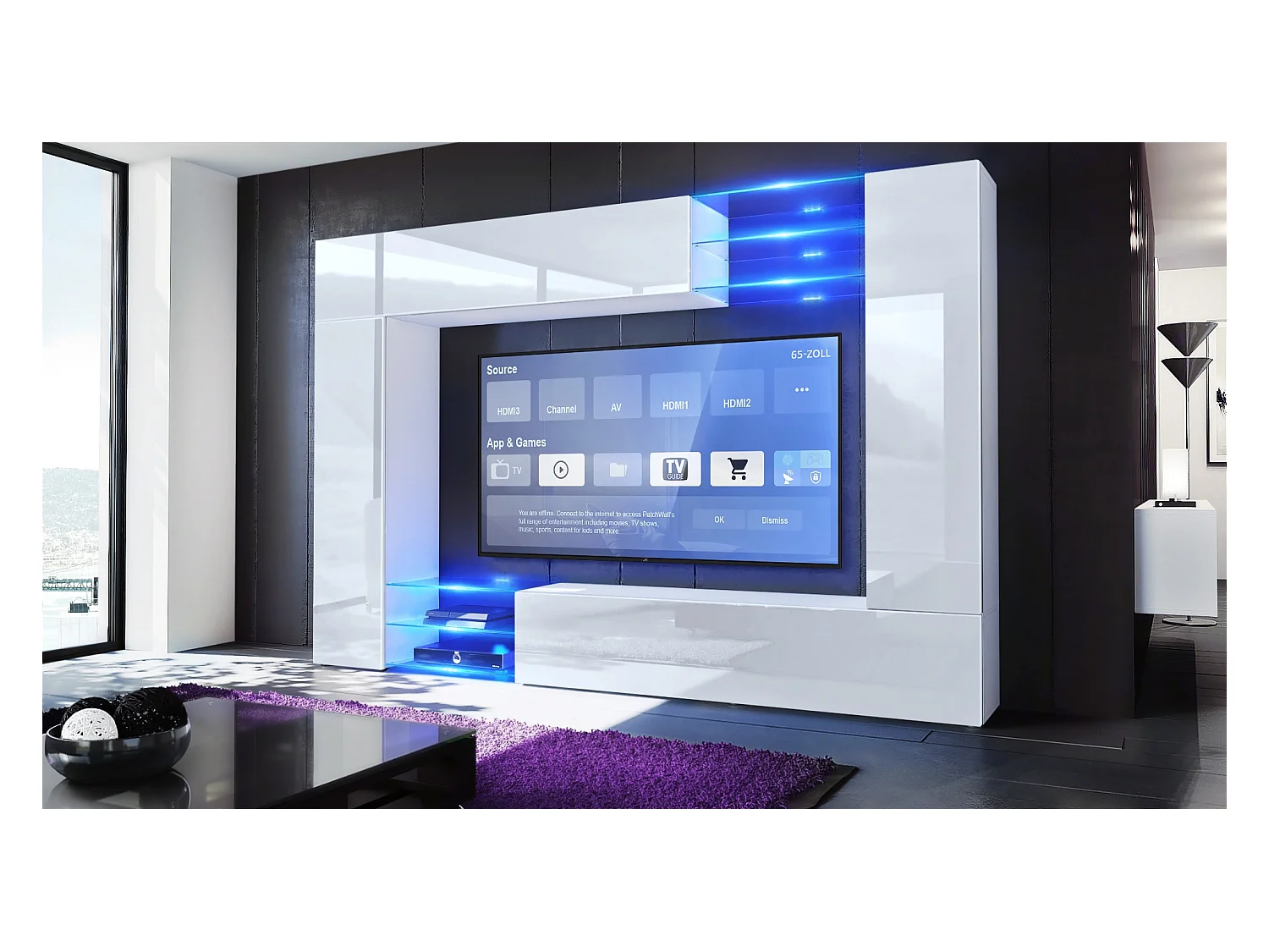 Meuble TV mural Mirage, Ensemble étagère TV et 2 portes, 2 clapets et 6 étagères en verre, Blanc mat/Blanc brillant, éclairage LED inclus (262 x 183 x 39 cm)
