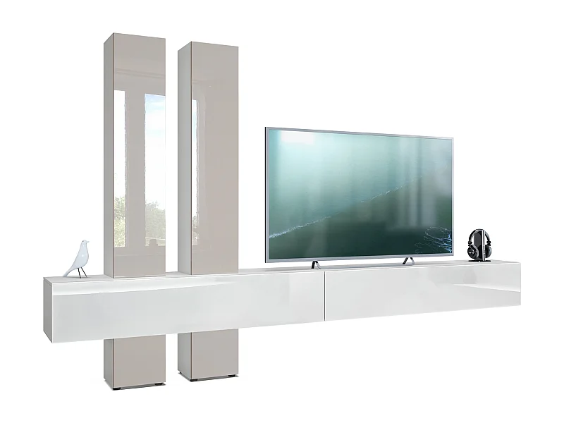 Parete attrezzata Vladon Moja - Bianco opaco & Bianco/grigio sabbia lucido - Parete attrezzata moderna per il soggiorno (LxHxP) 330 x 204 x 39 cm