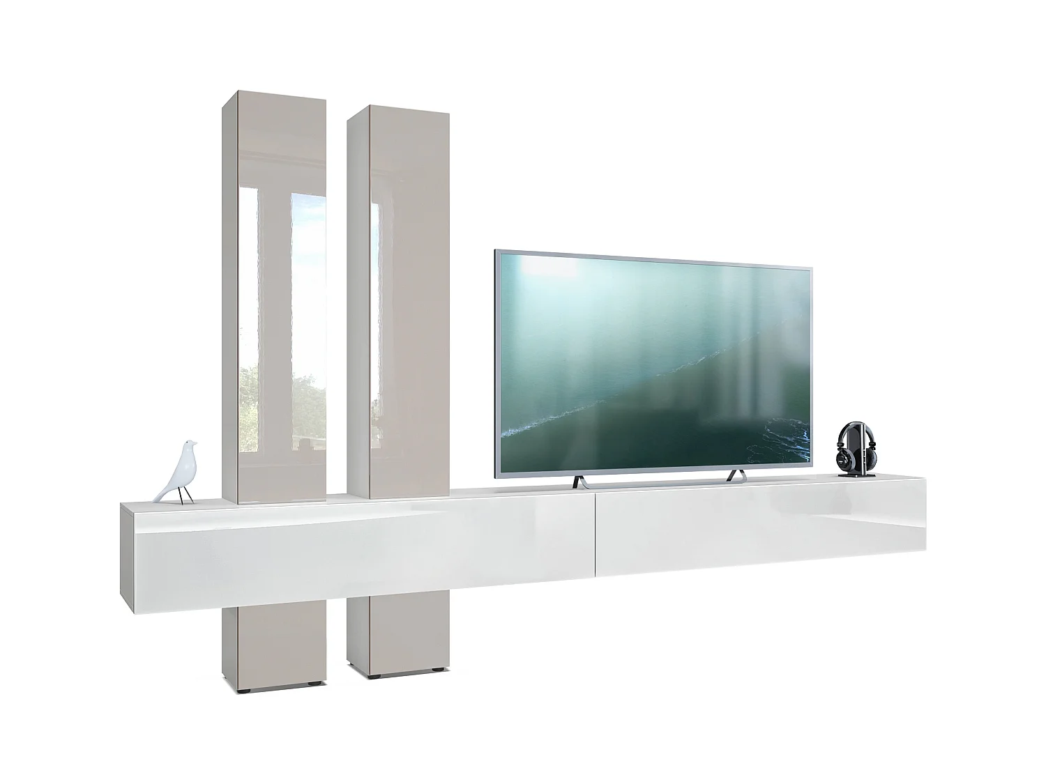 Meuble-paroi Moja de  - Blanc mat & blanc/gris sable haute brillance - Meuble-paroi moderne pour votre salon (LxHxP) 330 x 204 x 39 cm