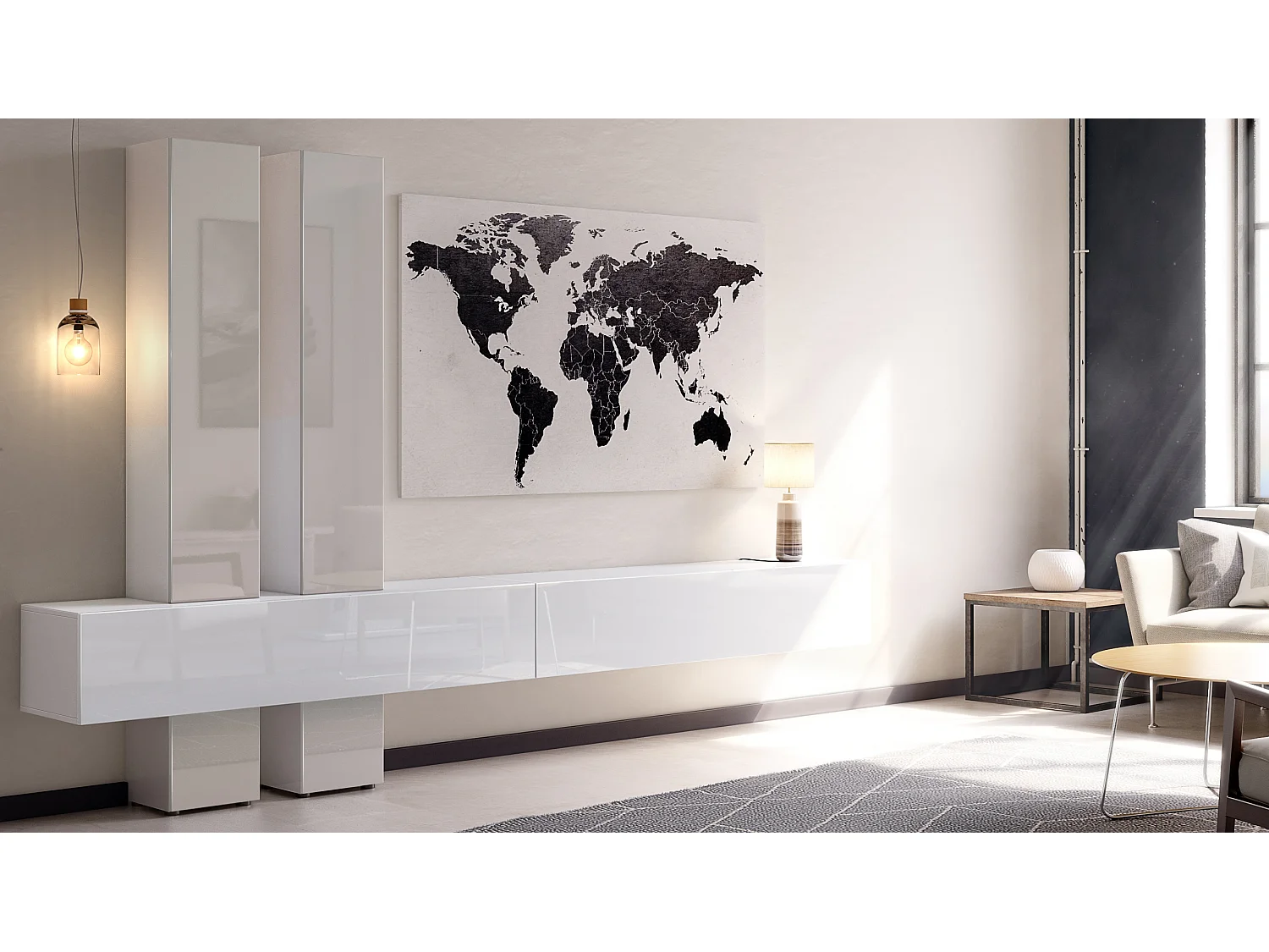 Meuble-paroi Moja de  - Blanc mat & blanc/gris sable haute brillance - Meuble-paroi moderne pour votre salon (LxHxP) 330 x 204 x 39 cm