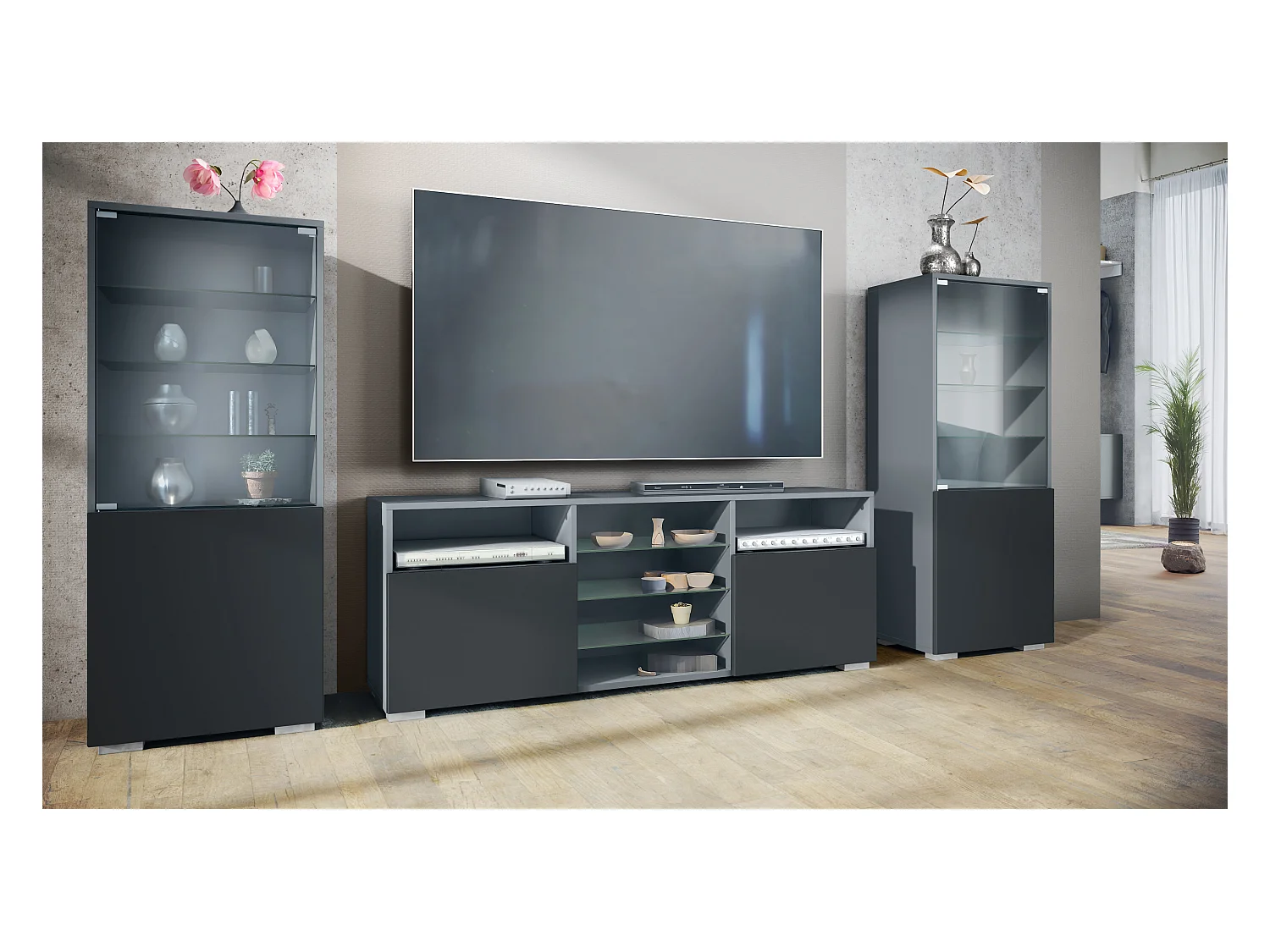 Ensemble mural Granada pour salon, comprenant 2 vitrines et 1 meuble TV, anthracite mat/noir mat (286 x 122,5 x 35 cm)