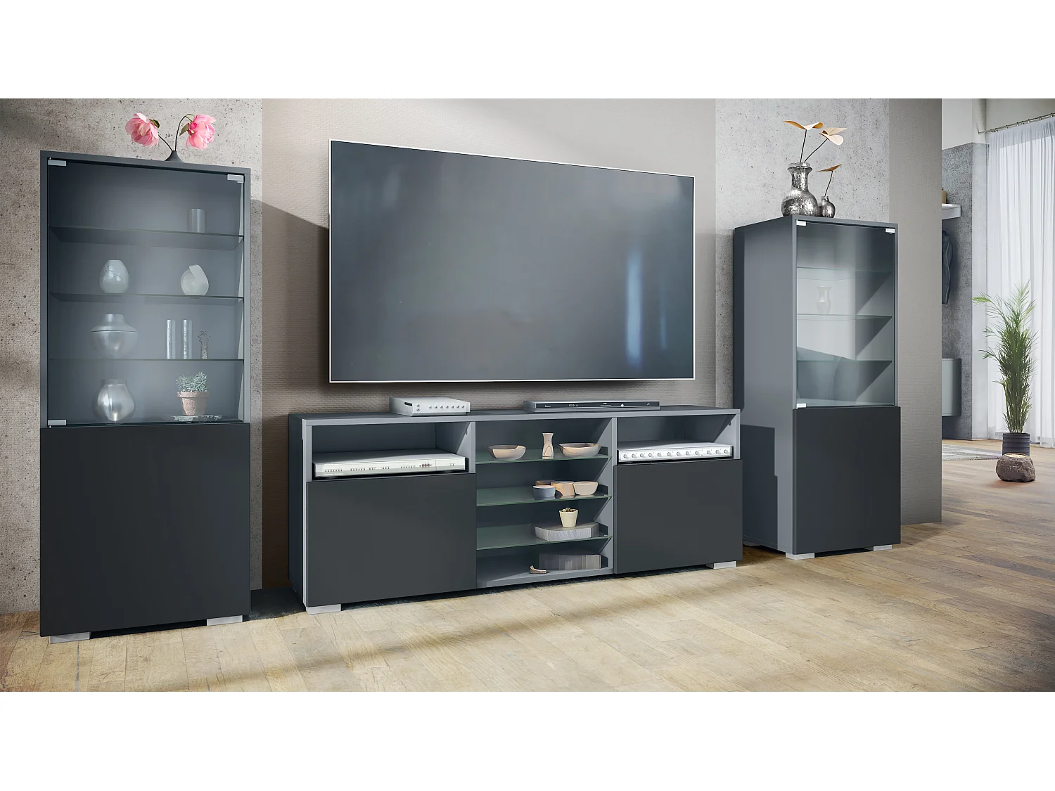 Ensemble mural Granada pour salon, comprenant 2 vitrines et 1 meuble TV, anthracite mat/noir mat (286 x 122,5 x 35 cm)