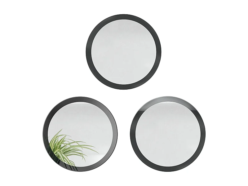 Miroir Globe 50 cm, lot de 3, miroirs muraux ronds décoratifs pour l'entrée et le salon avec cadre en MDF noir haute brillance