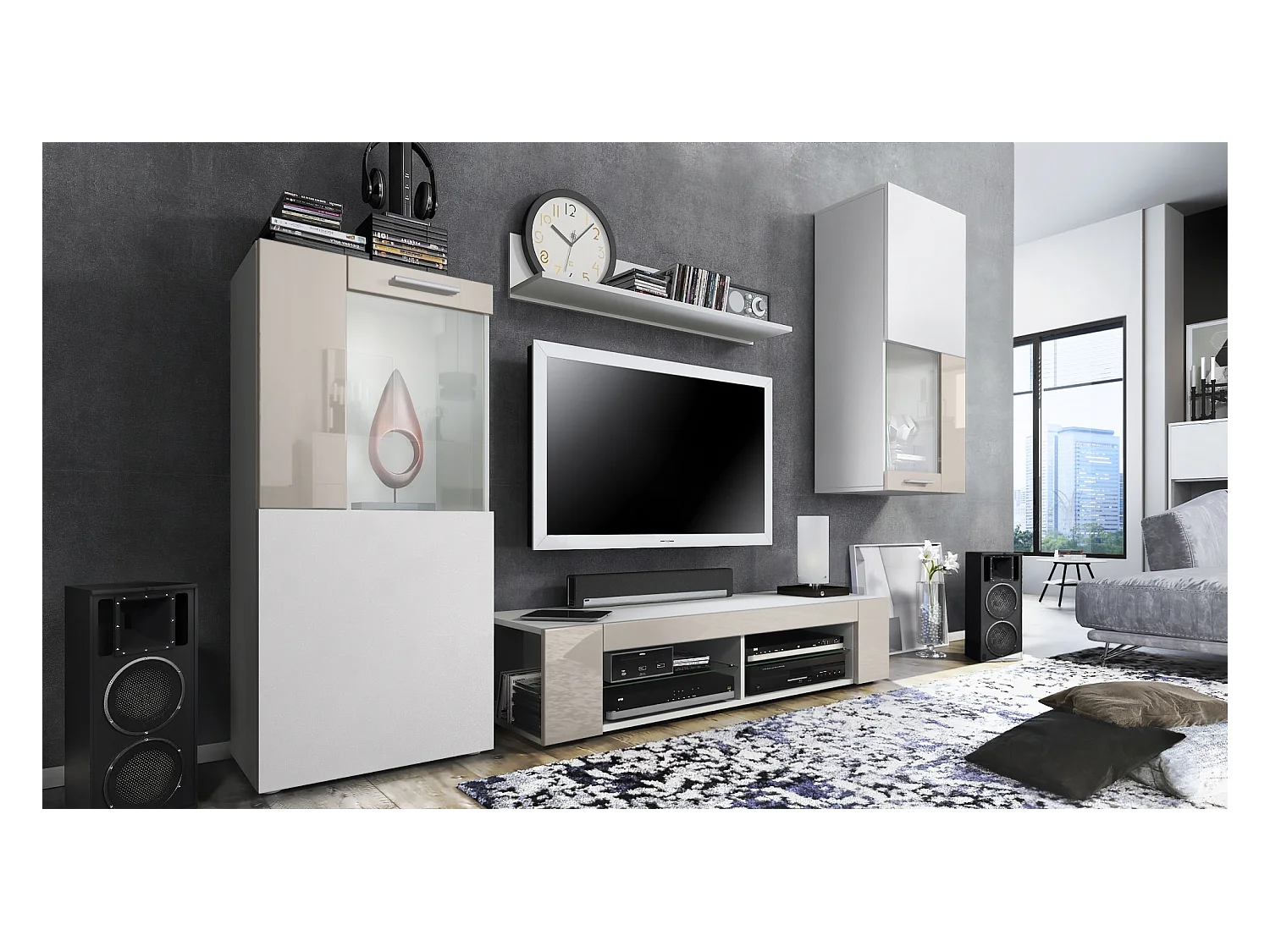 Ensemble de salon Movie comprenant 1 meuble bas TV, 2 vitrines et 1 étagère, Blanc mat/Gris sable haute brillance, (Dimensions totales : 300 x 190 x 39 cm)