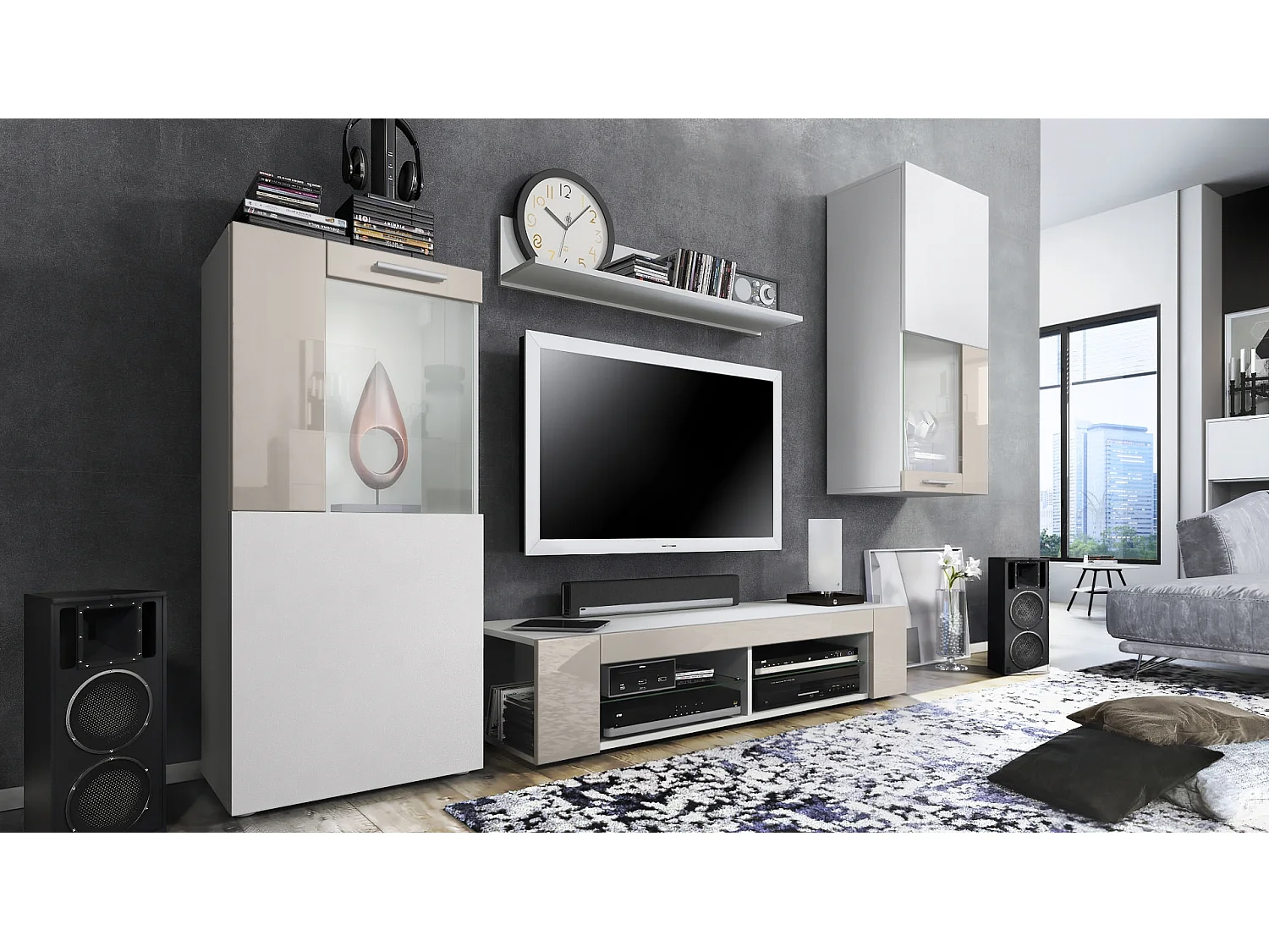 Set da soggiorno  Movie, parete attrezzata con 1 mobile TV, 2 vetrine e 1 scaffale, bianco opaco/bianco opaco/grigio sabbia High Gloss (Totale: 300 x 190 x 39 cm)