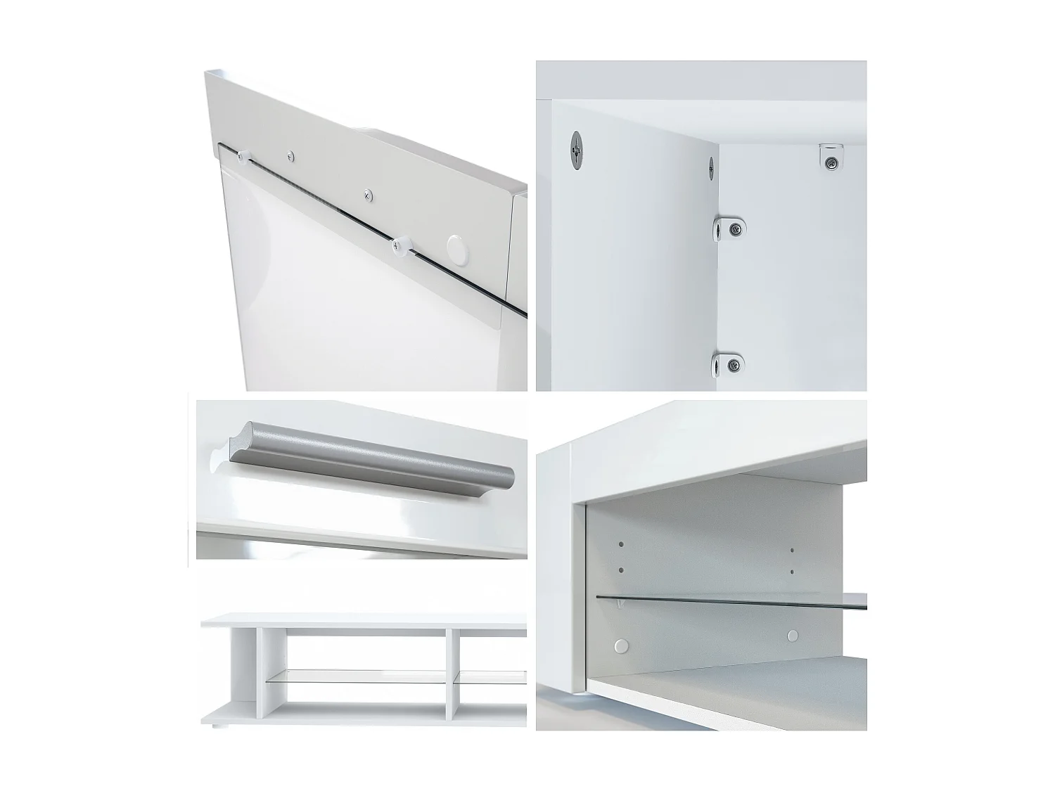 Set da soggiorno  Movie, parete attrezzata con 1 mobile TV, 2 vetrine e 1 scaffale, bianco opaco/bianco opaco/grigio sabbia High Gloss (Totale: 300 x 190 x 39 cm)