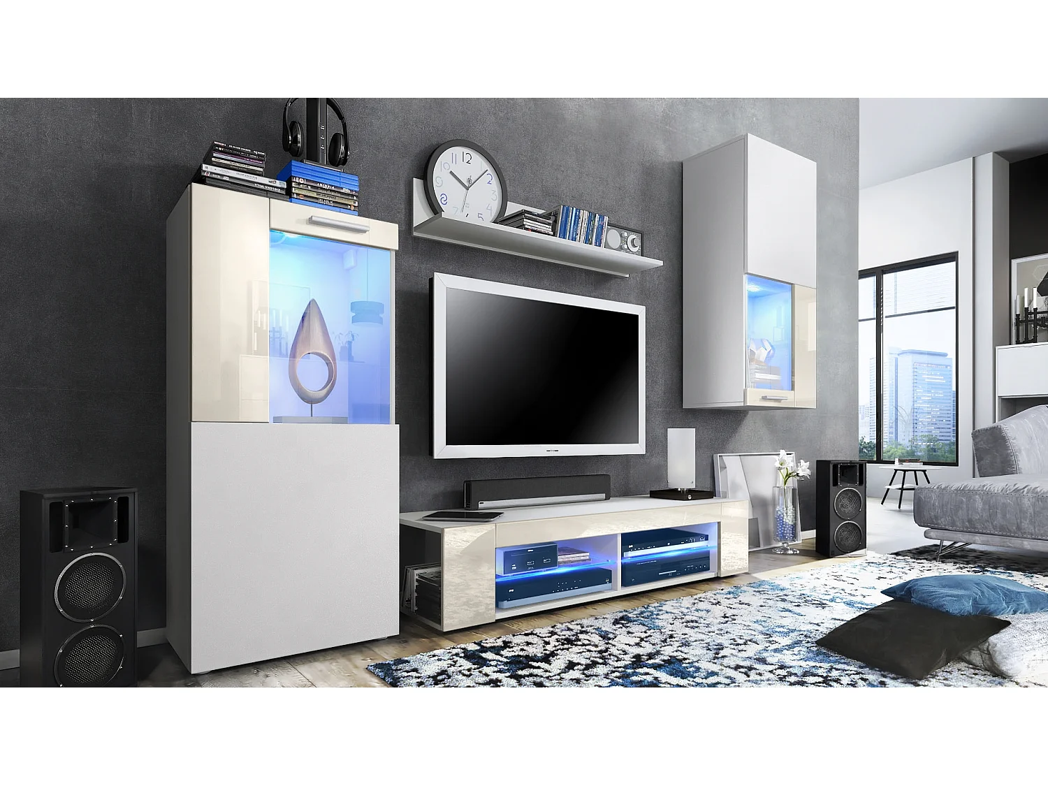 Ensemble de salon Movie comprenant 1 meuble bas TV, 2 vitrines et 1 étagère, Blanc mat/Crème haute brillance, (Dimensions totales : 300 x 190 x 39 cm)