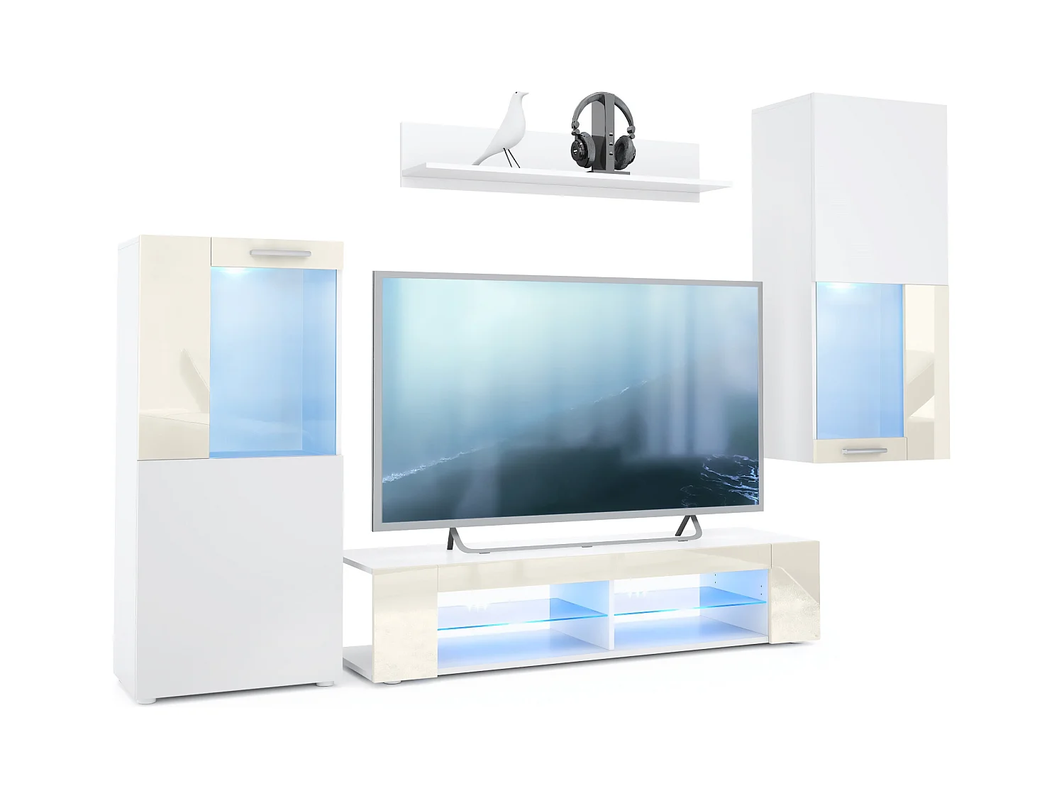 Ensemble de salon Movie comprenant 1 meuble bas TV, 2 vitrines et 1 étagère, Blanc mat/Crème haute brillance, (Dimensions totales : 300 x 190 x 39 cm)