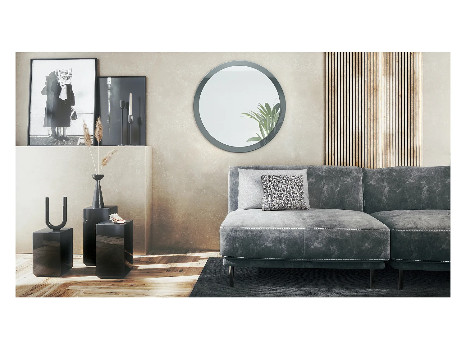 Globe Miroir 80 cm, Miroir Murale Rond Décoratif pour Couloir et Salon avec Cadre en MDF en gris haute brillance