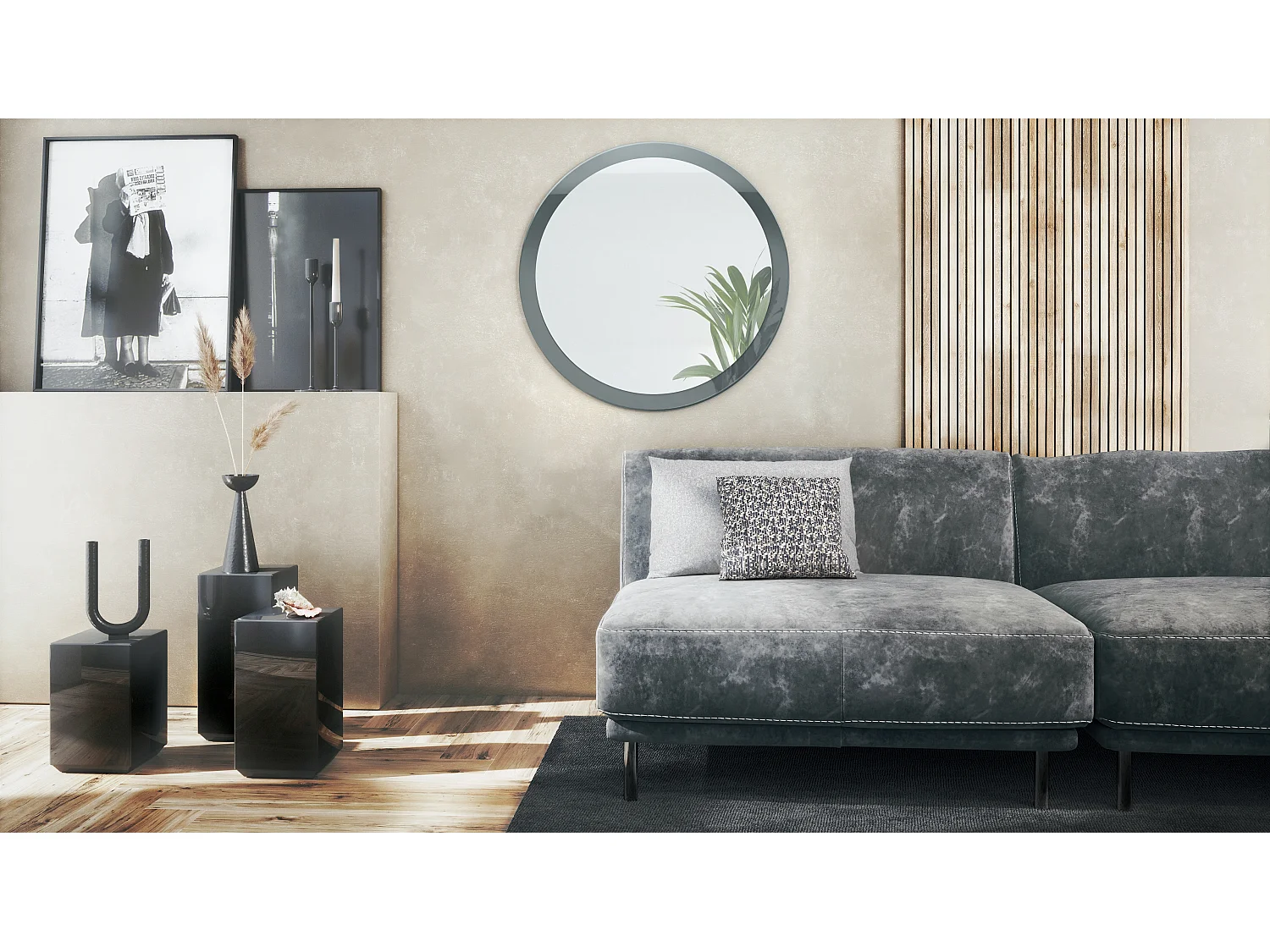 Globe Miroir 80 cm, Miroir Murale Rond Décoratif pour Couloir et Salon avec Cadre en MDF en gris haute brillance