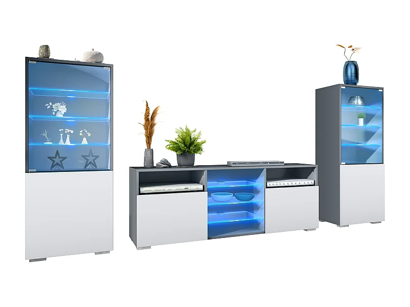 Mobile parete Granada per soggiorno, composto da 2 vetrine e 1 mobile TV, antracite opaco /bianco opaco incl. illuminazione a LED (286 x 122,5 x 35 cm)