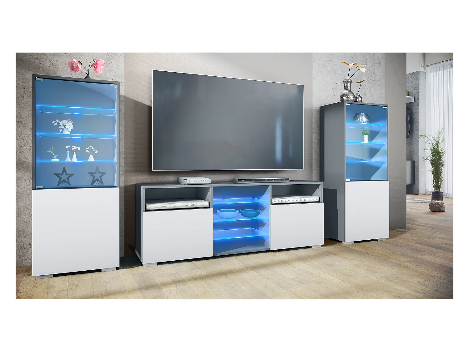 Ensemble mural Granada pour salon, comprenant 2 vitrines et 1 meuble TV, anthracite mat/blanc mat éclairage LED inclus (286 x 122,5 x 35 cm)