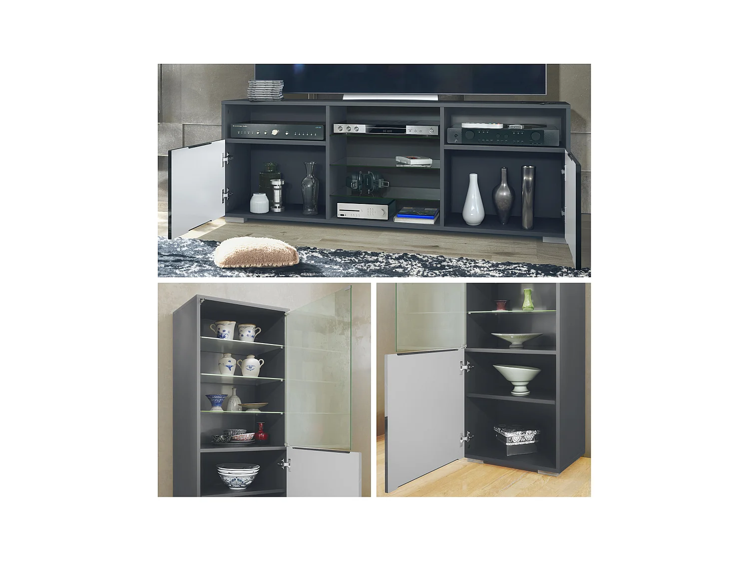 Ensemble mural Granada pour salon, comprenant 2 vitrines et 1 meuble TV, anthracite mat/blanc mat éclairage LED inclus (286 x 122,5 x 35 cm)