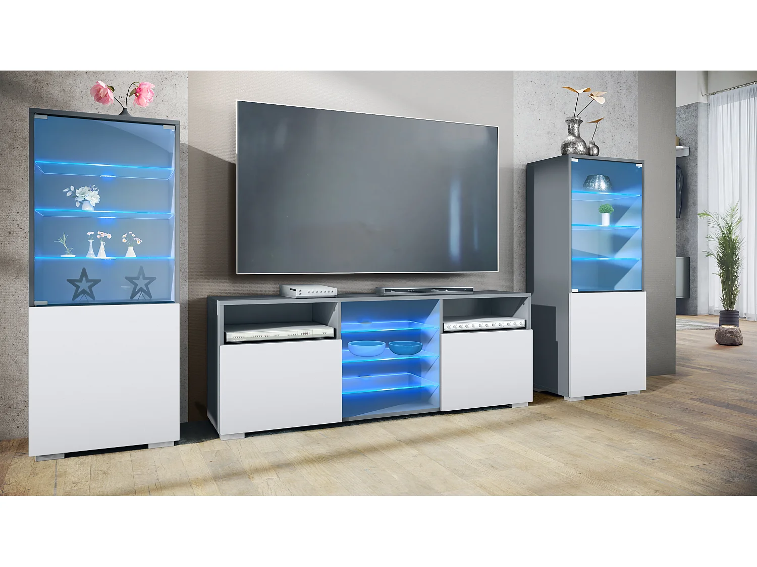 Mueble de pared Granada para sala de estar, compuesto por 2 vitrinas y 1 mueble de TV,antracita mate/blanco mate incl. iluminación LED (286 x 122,5 x 35 cm)