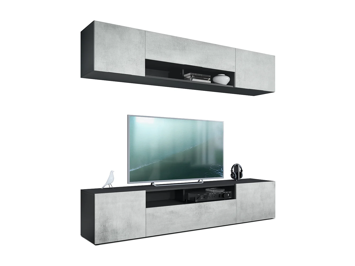 Meuble-paroi Mogan, noir mat/aspect béton oxyde - Meuble mural moderne composé de 2 étagères TV (181 x 147 x 35 cm)
