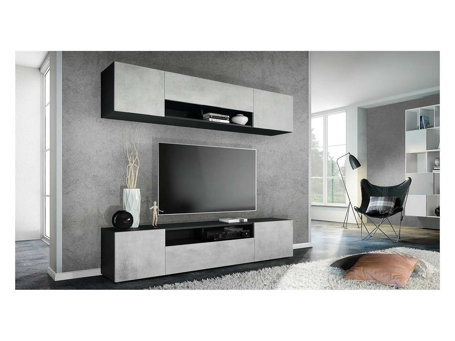 Meuble-paroi Mogan, noir mat/aspect béton oxyde - Meuble mural moderne composé de 2 étagères TV (181 x 147 x 35 cm)