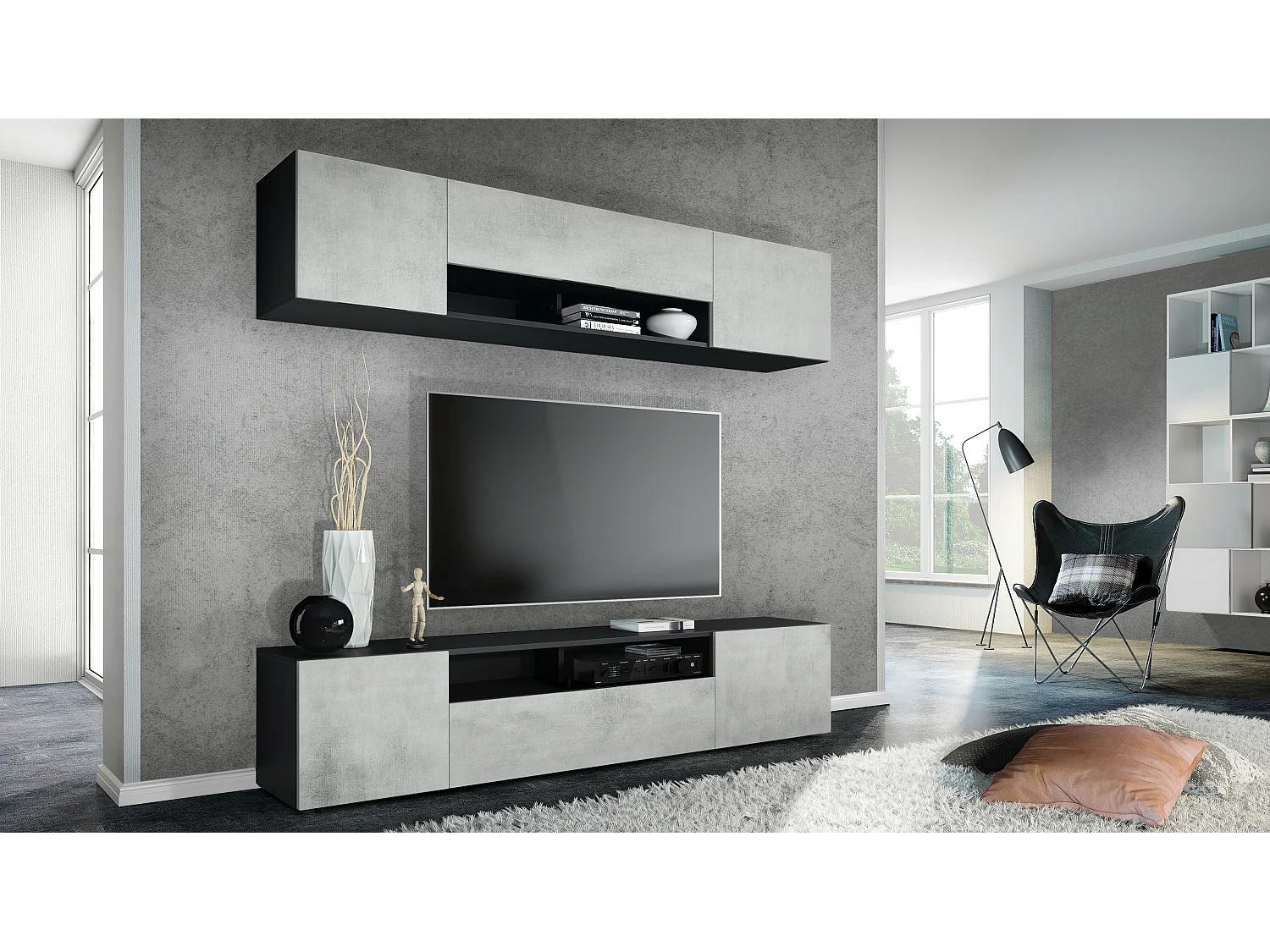 Meuble-paroi Mogan, noir mat/aspect béton oxyde - Meuble mural moderne composé de 2 étagères TV (181 x 147 x 35 cm)